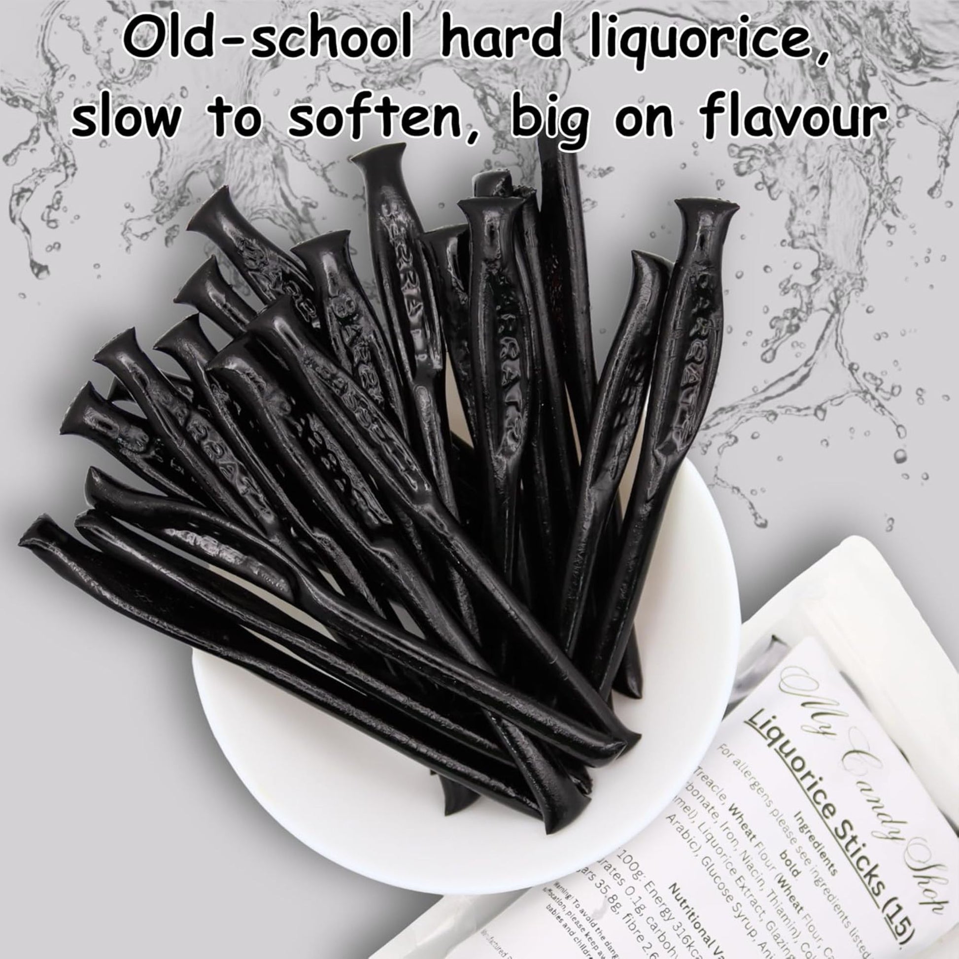 Black licorice sticks on a white plate with text describing the flavor.