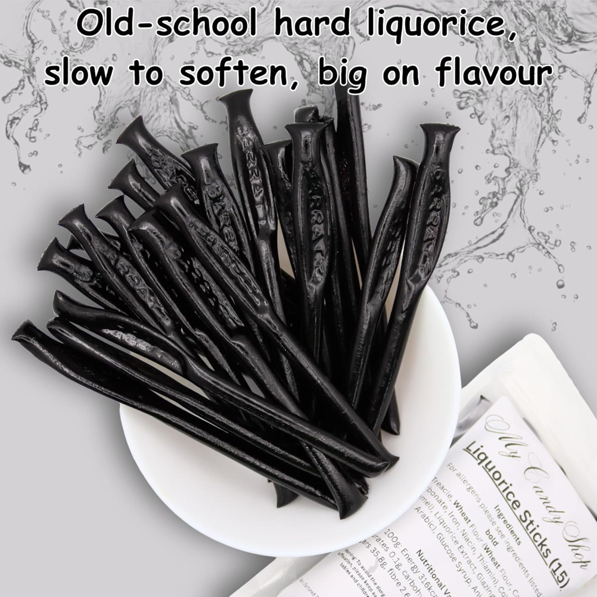 Black licorice sticks on a white plate with text describing the flavor.