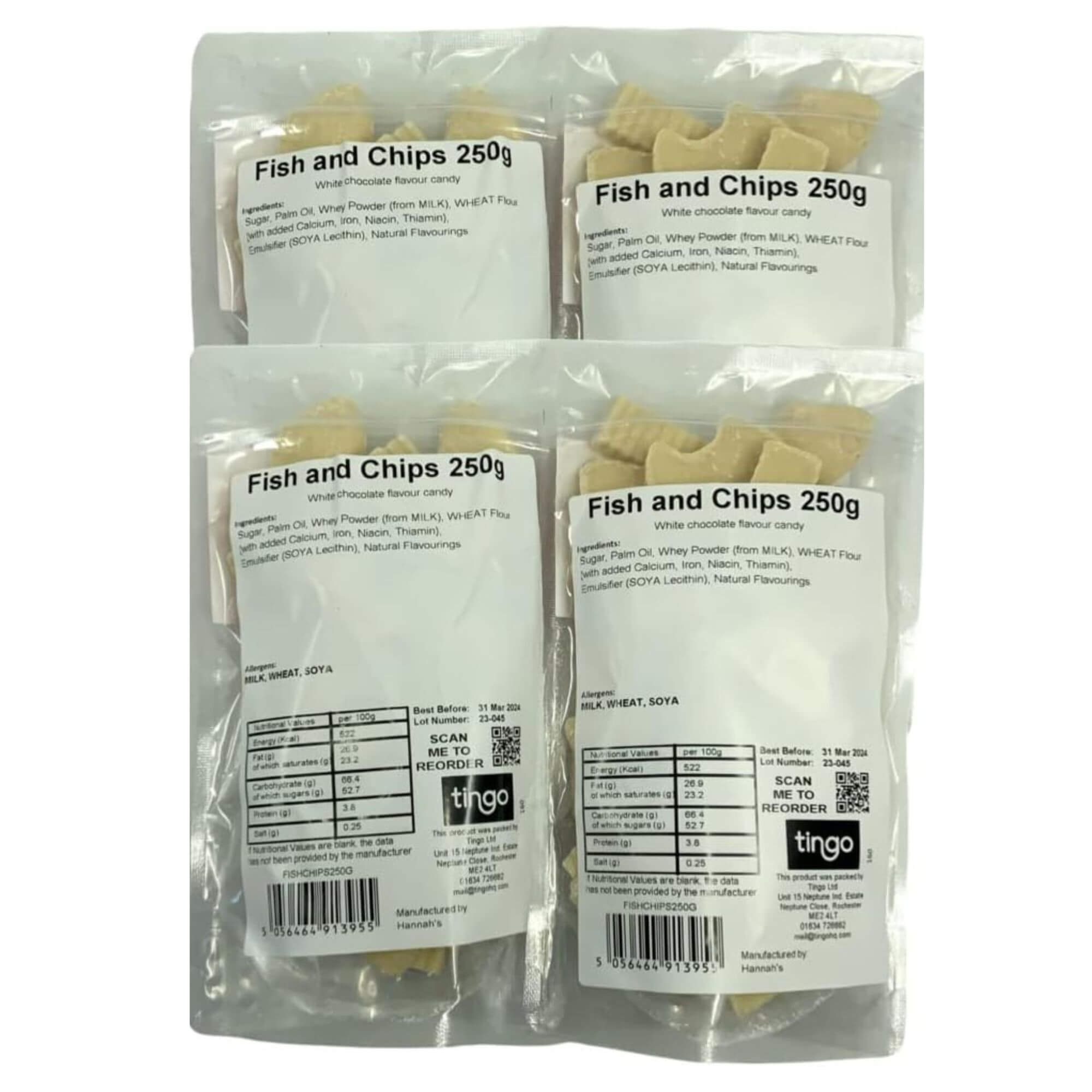 Four packages of 'Fish and Chips' with labels on a white background