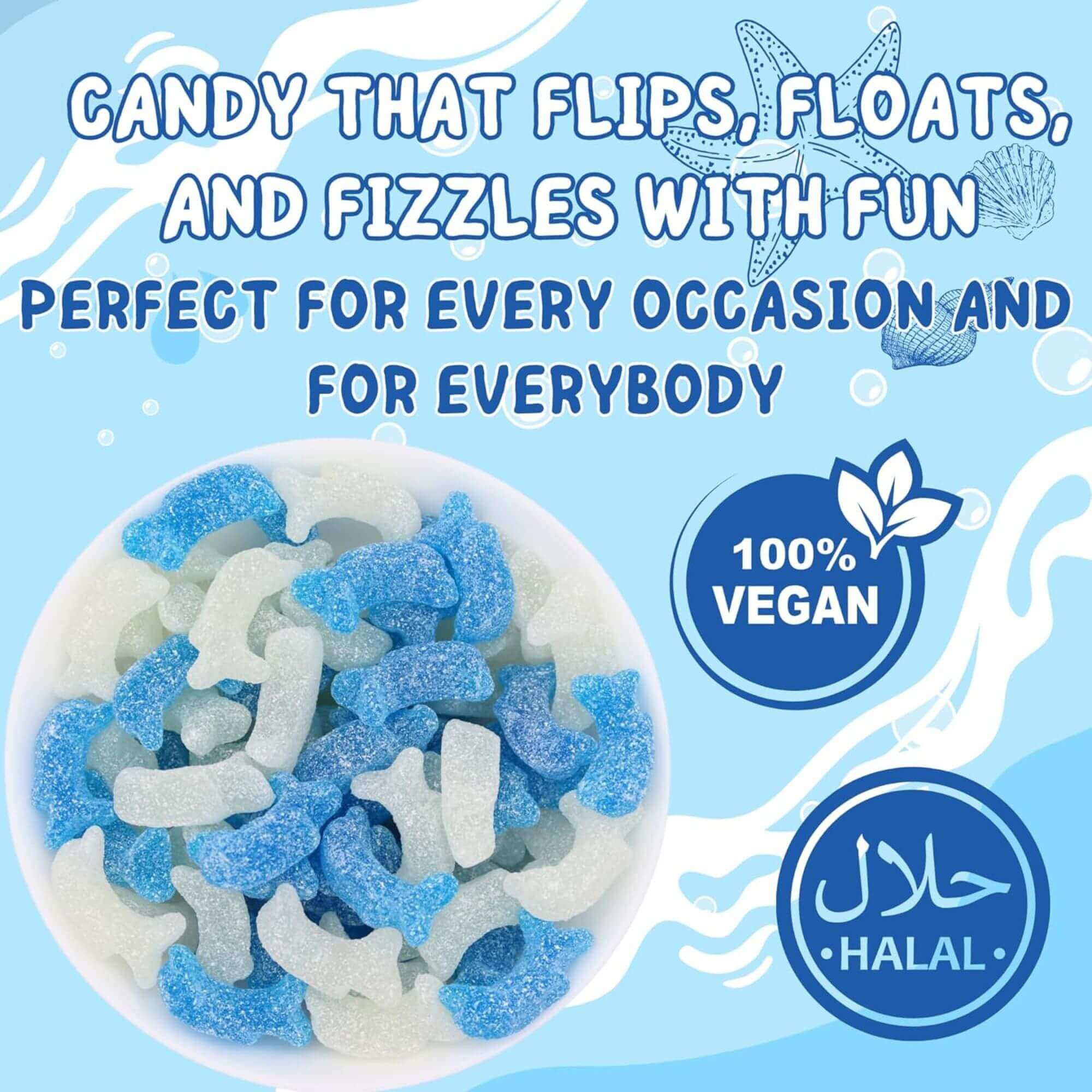 Candy shaped like fish in a bowl with text about its特性, vegan, and halal certification on a blue background.