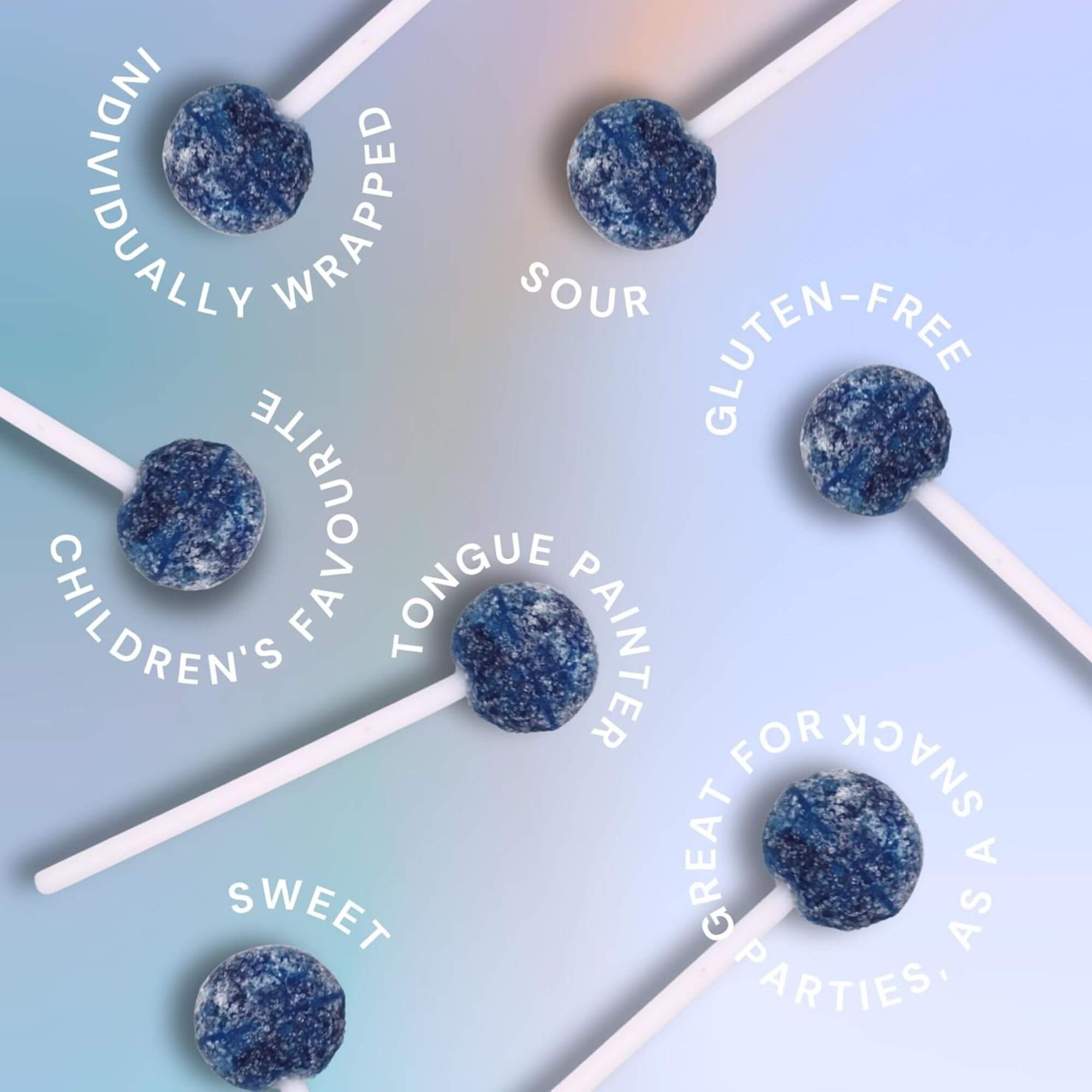 Blue lollipops on white sticks with text describing their features on a light blue background.