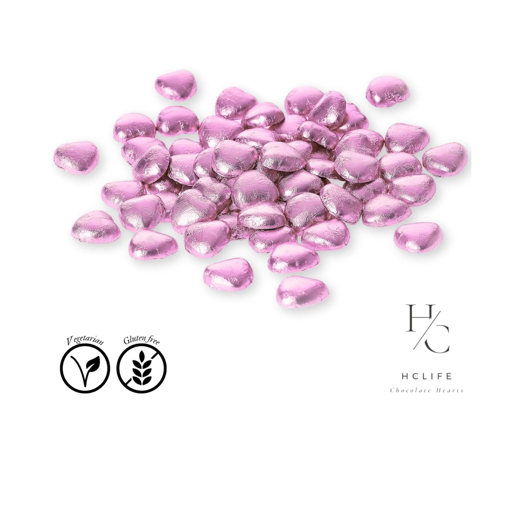 Pink Foil Milk Chocolate Hearts – 635g Bag (100 Pieces)