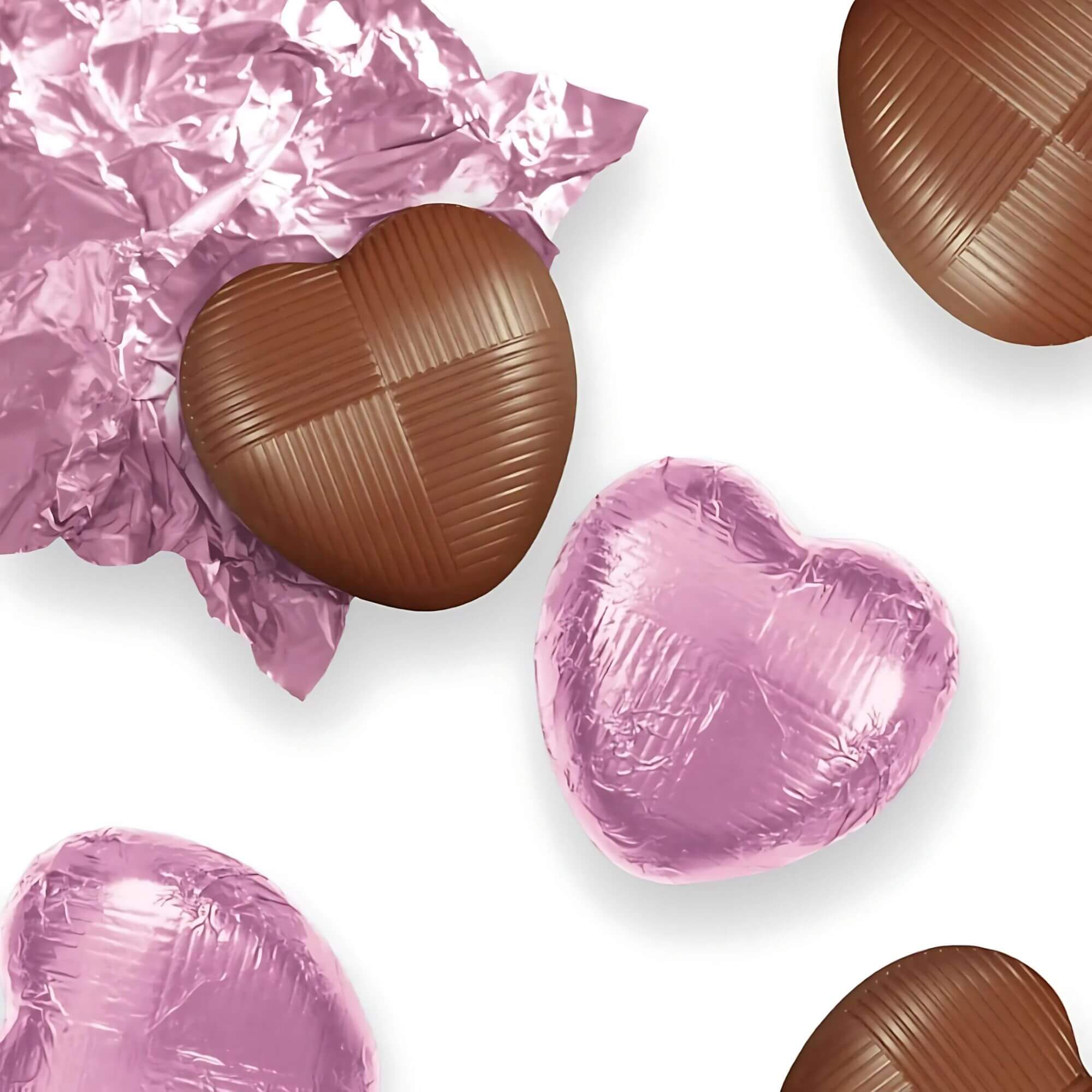 Pink Foil Milk Chocolate Hearts – 635g Bag (100 Pieces)