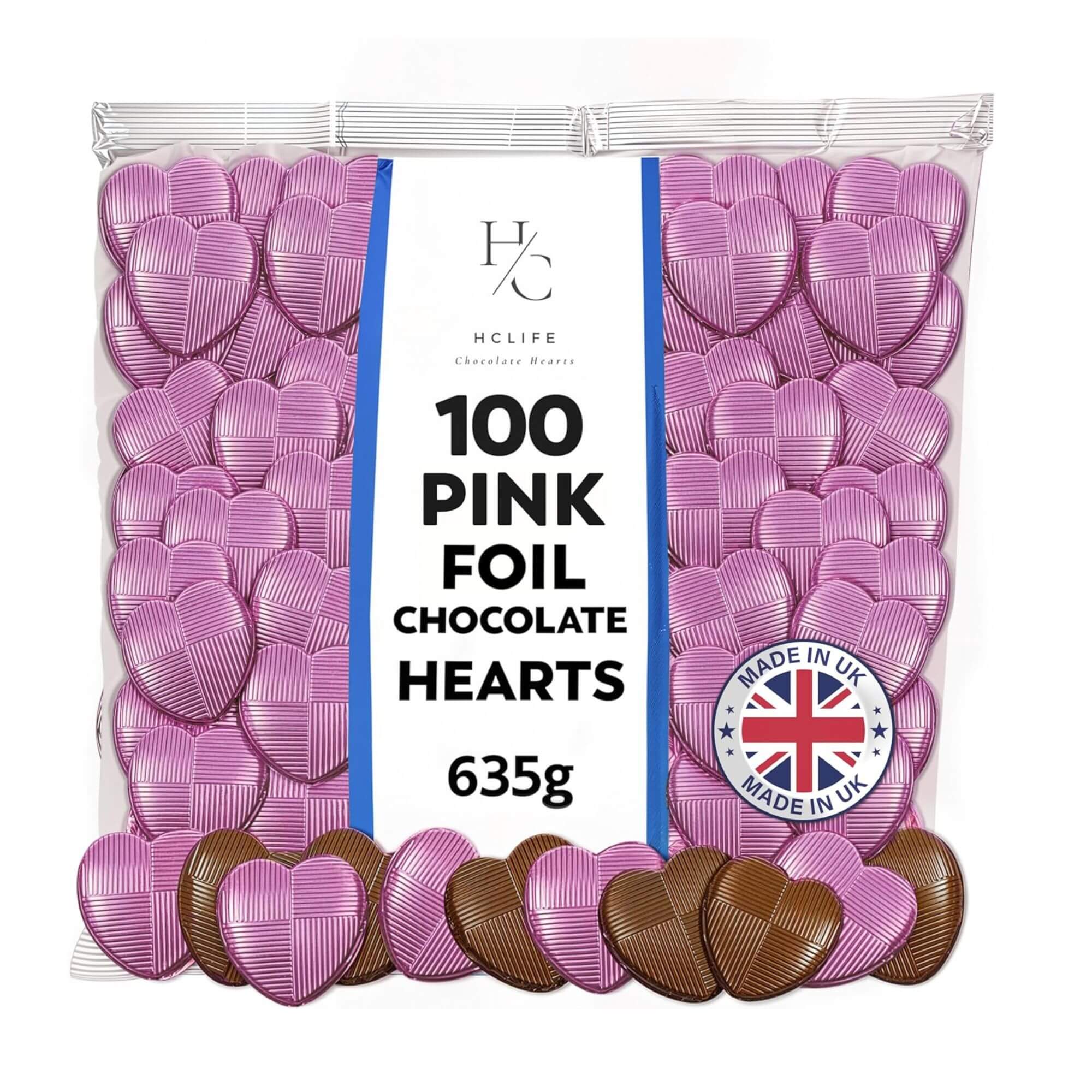 Pink Foil Milk Chocolate Hearts – 635g Bag (100 Pieces)