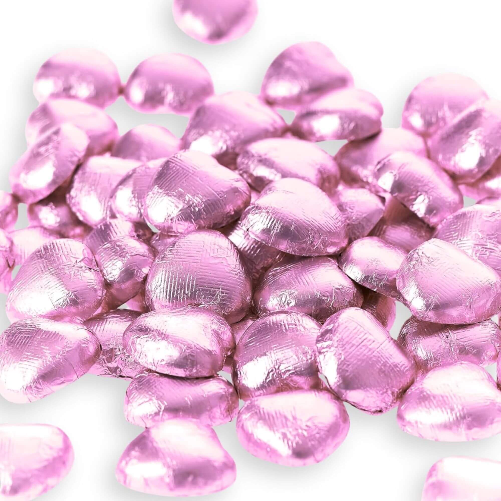 Pink Foil Milk Chocolate Hearts – 635g Bag (100 Pieces)