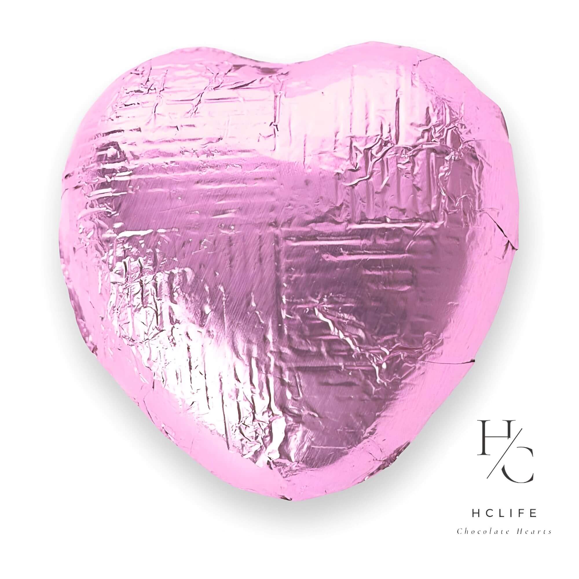 Pink Foil Milk Chocolate Hearts – 635g Bag (100 Pieces)