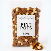 Bag of 'Pint Pots' candy with a label on a white background