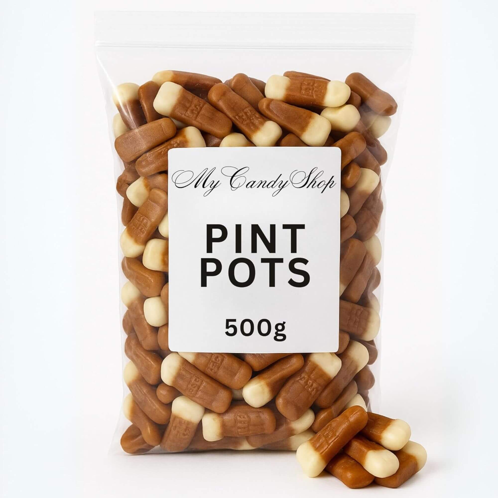 Bag of 'Pint Pots' candy with a label on a white background