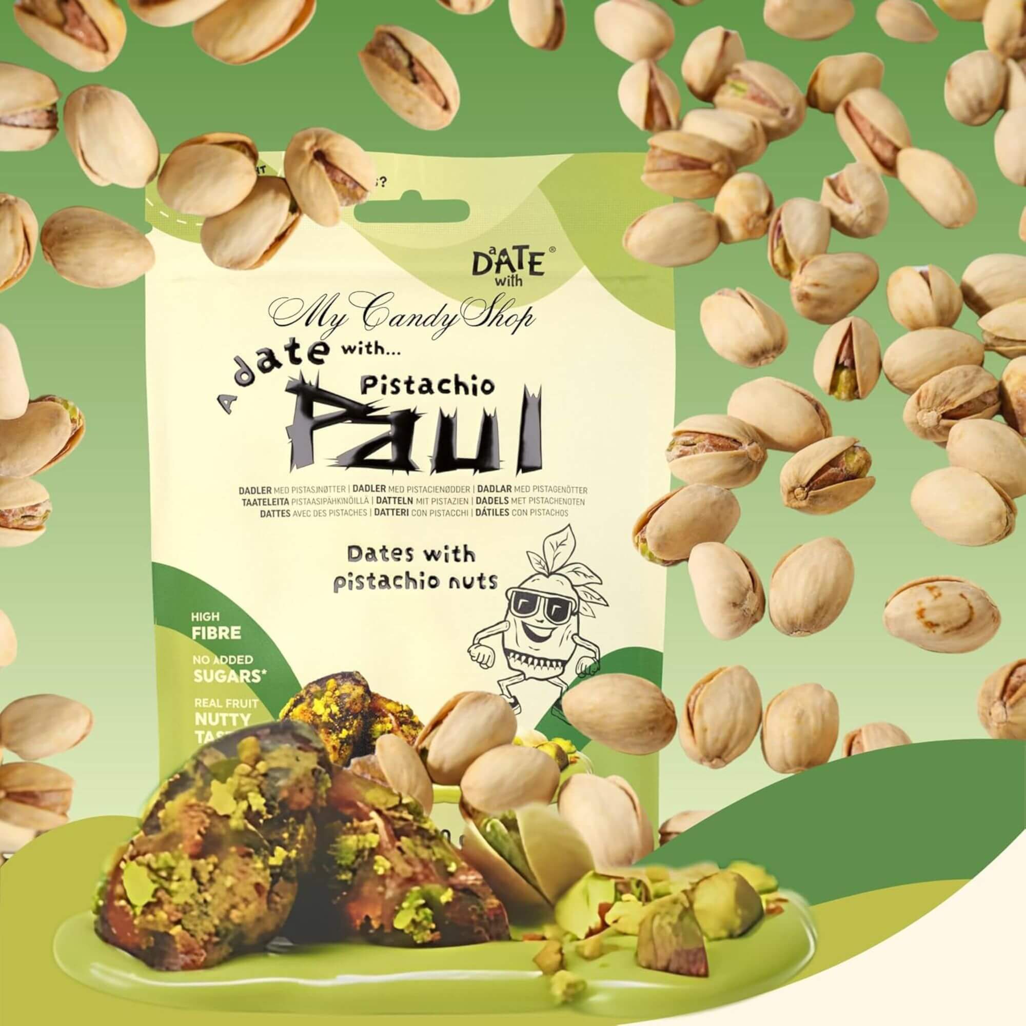 Pistachio date bites packaging with pistachios scattered on a green background