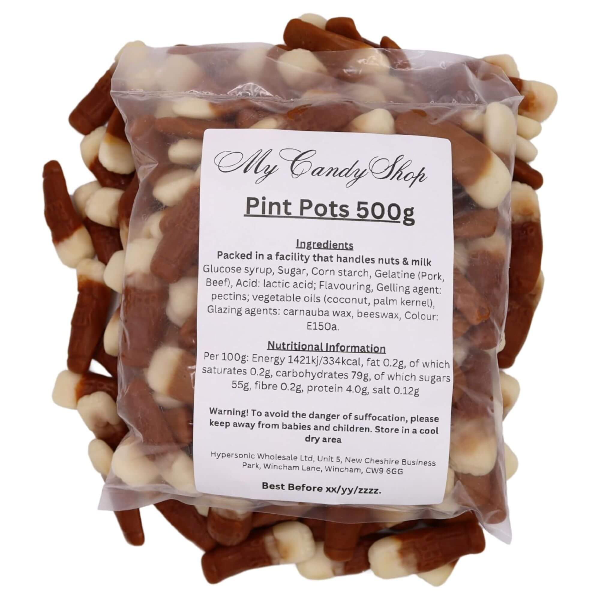 Packaged candy with a label from 'My Candy Shop' on a white background
