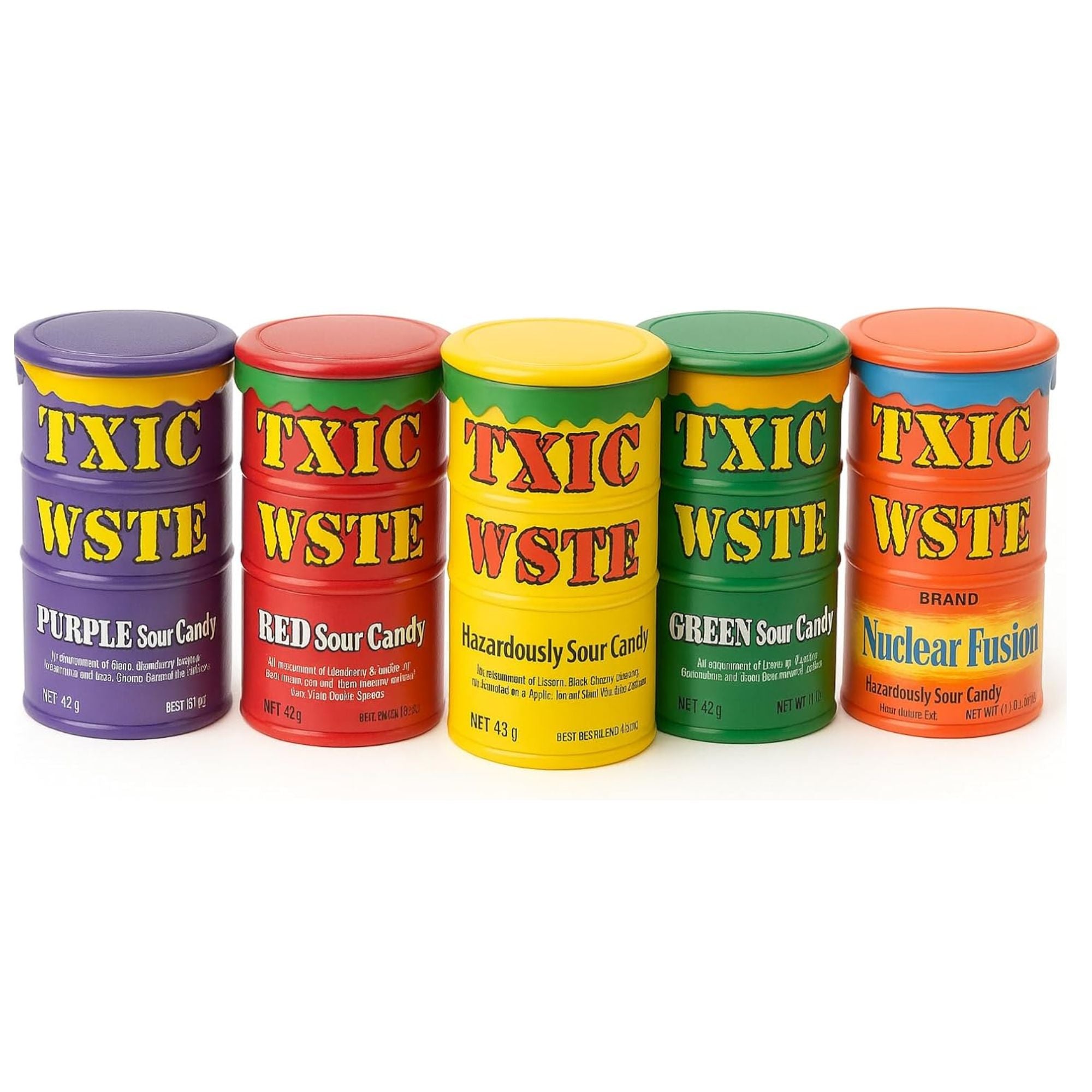 Five colorful cans of TXIC WSTE candy on a white background