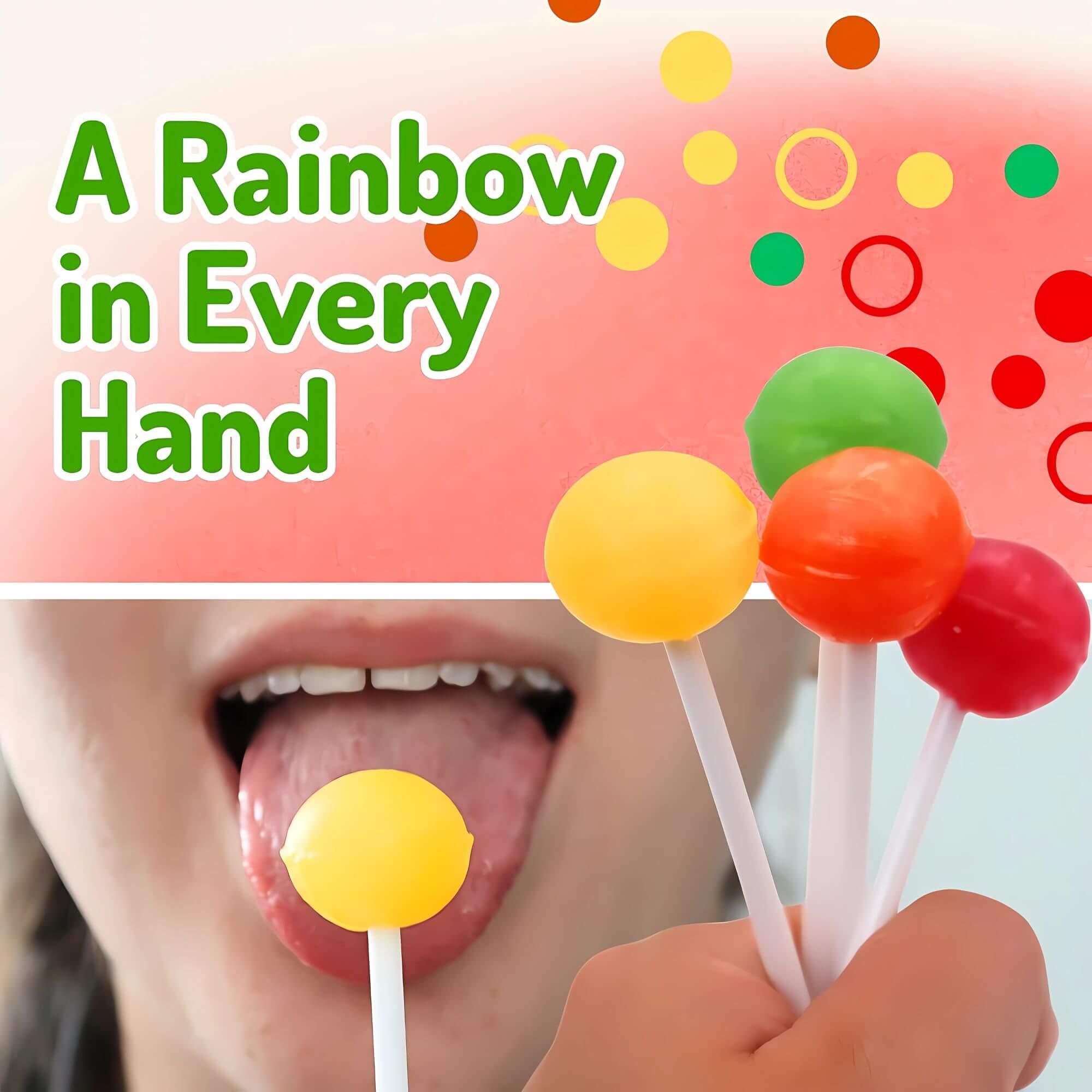 Colorful lollipops held by a person with text 'A Rainbow in Every Hand' on a colorful background.