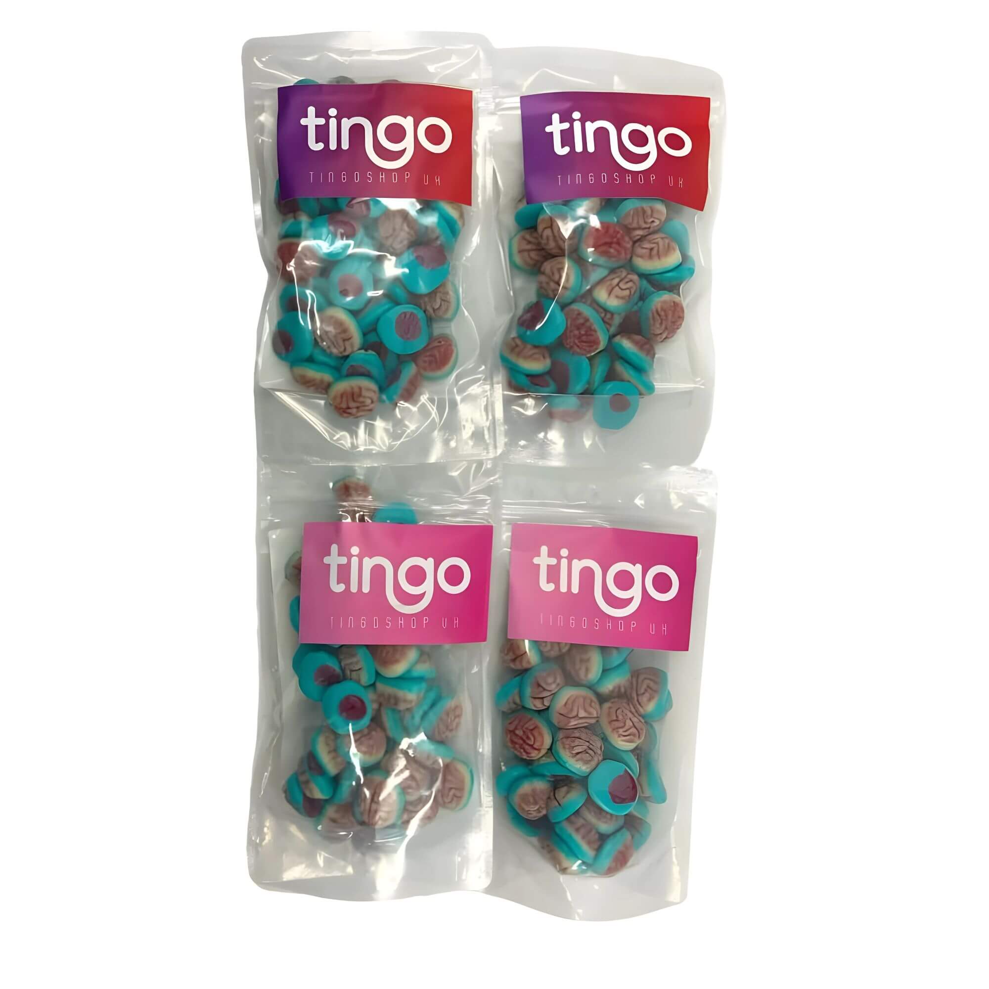 Four packages of tingo treats on a white background