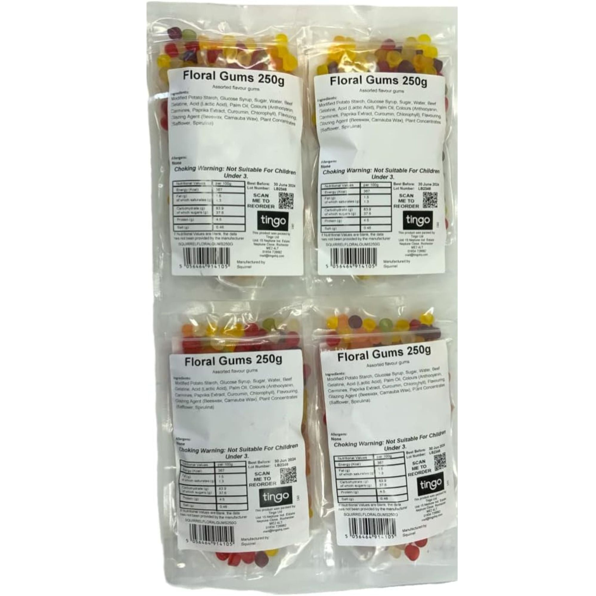 Four packages of Floral Gums 250g with labels on a white background