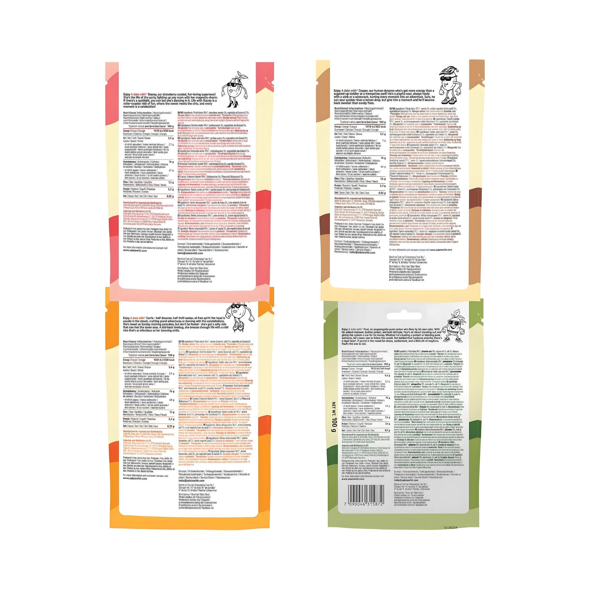 Flavoured Pitted Dates – 4 x 100g Bundle (Strawberry, Cola, Caramel & Pistachio)