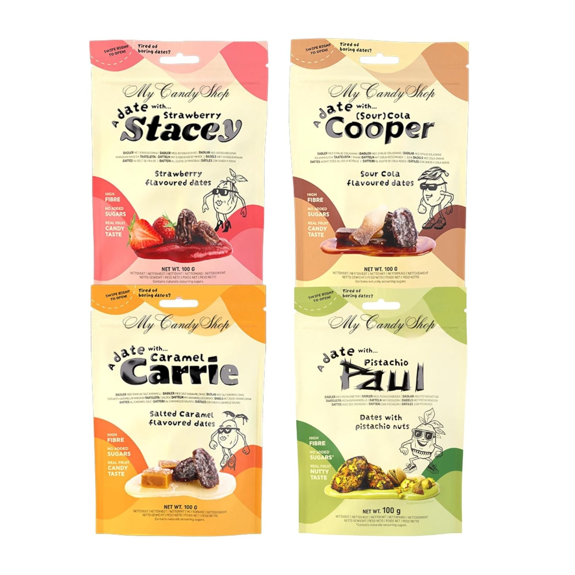Flavoured Pitted Dates – 4 x 100g Bundle (Strawberry, Cola, Caramel & Pistachio)