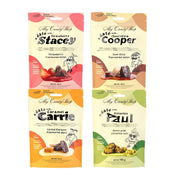 Four colorful packages of 'My Candy Shop' date snacks with character names and flavor descriptions.