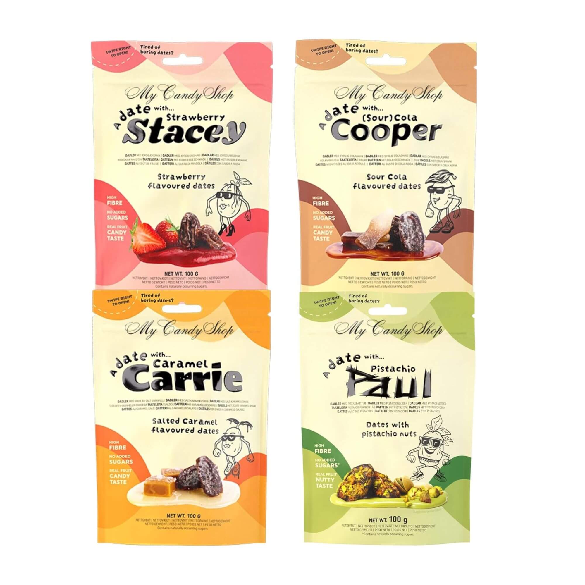 Four colorful packages of 'My Candy Shop' date snacks with character names and flavor descriptions.