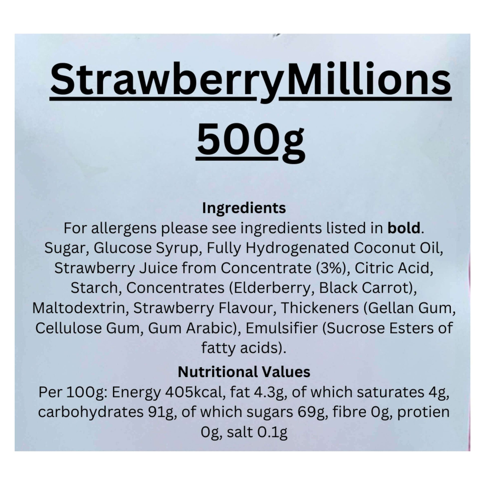 Label for Strawberry Millions candy with ingredients and nutritional information.