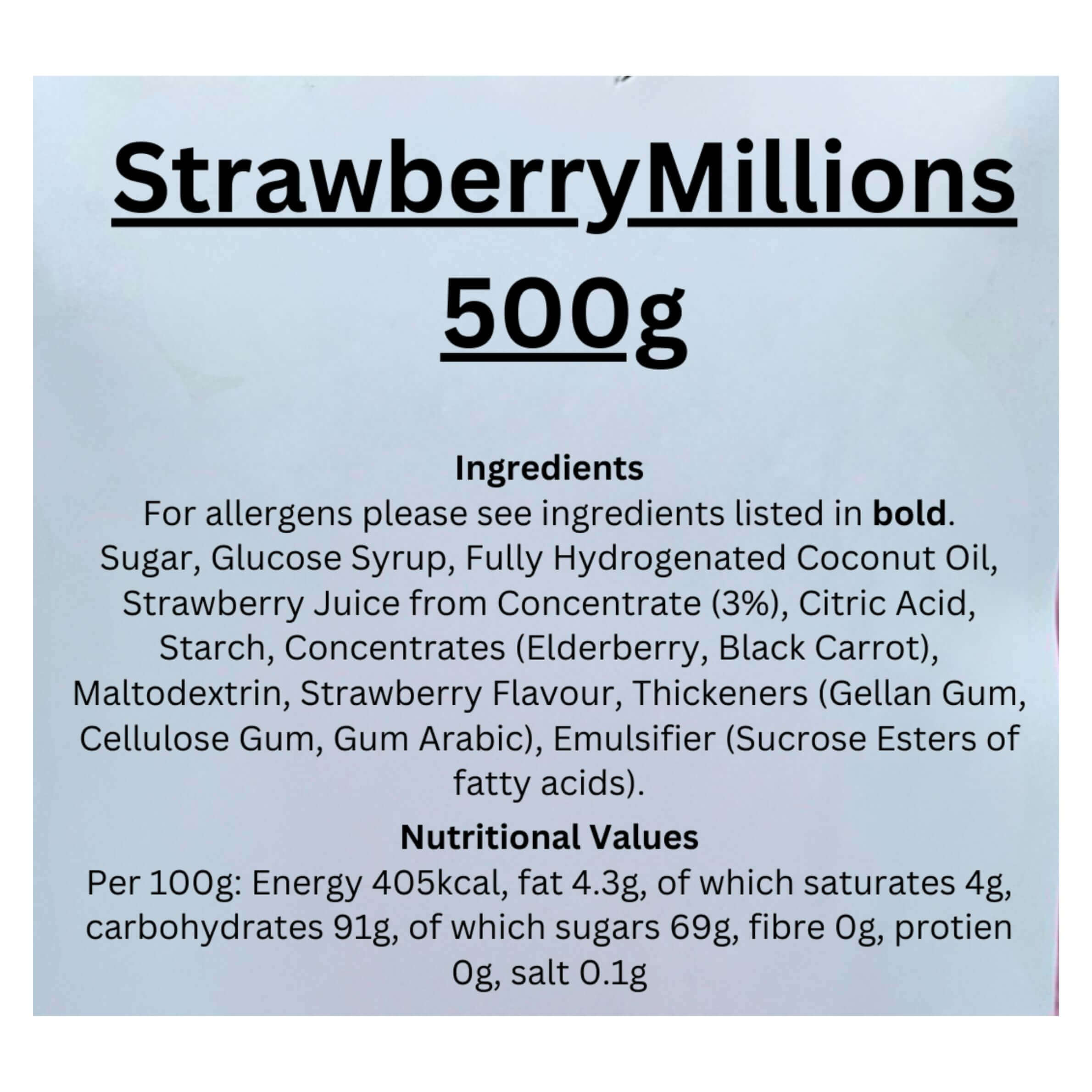 Label for Strawberry Millions candy with ingredients and nutritional information.