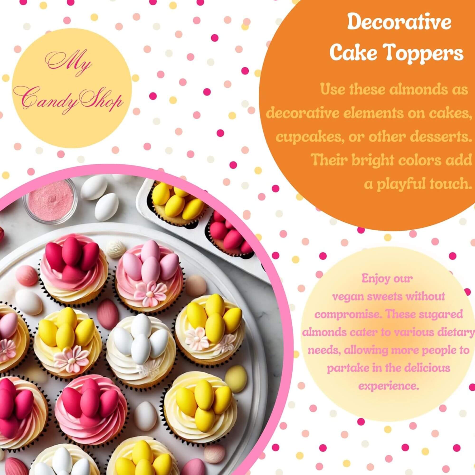 Decorative cake toppers with colorful candies on a plate, branded 'My Candy Shop'.