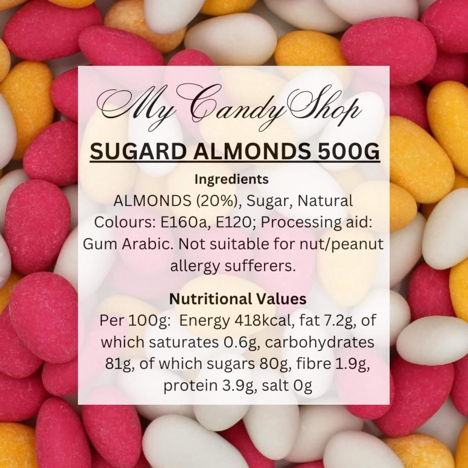 Candy package with colorful almonds and nutritional information.