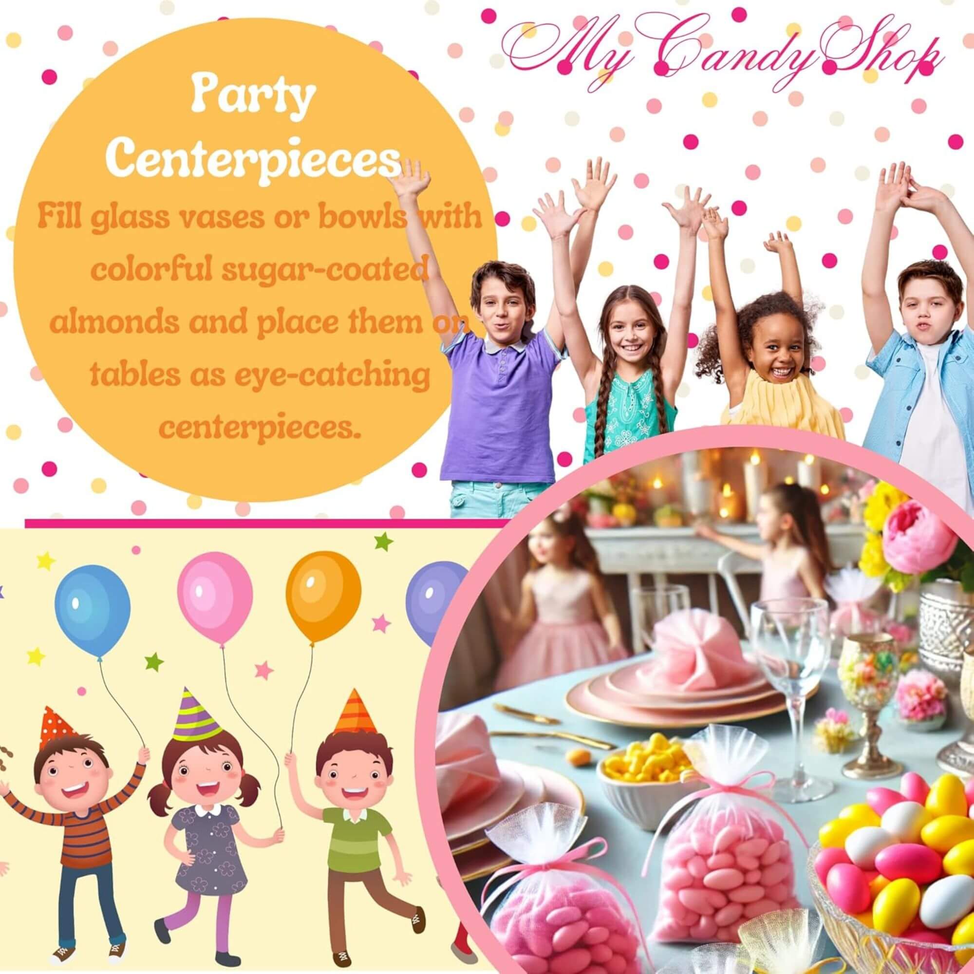 Advertisement for party centerpieces with children and candy-themed table setting.