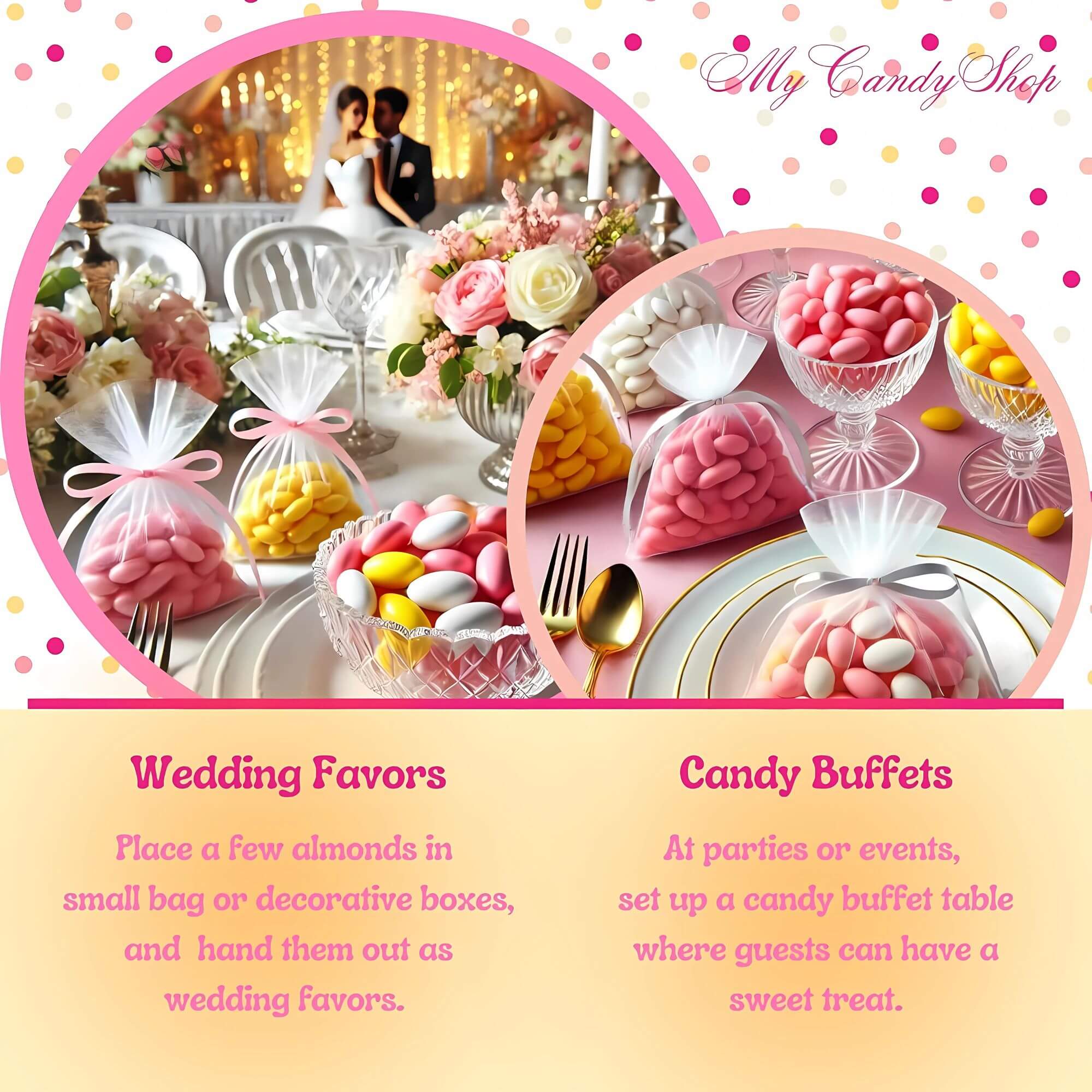 Advertisement for wedding favors and candy buffets with images of a couple, flowers, and candy.