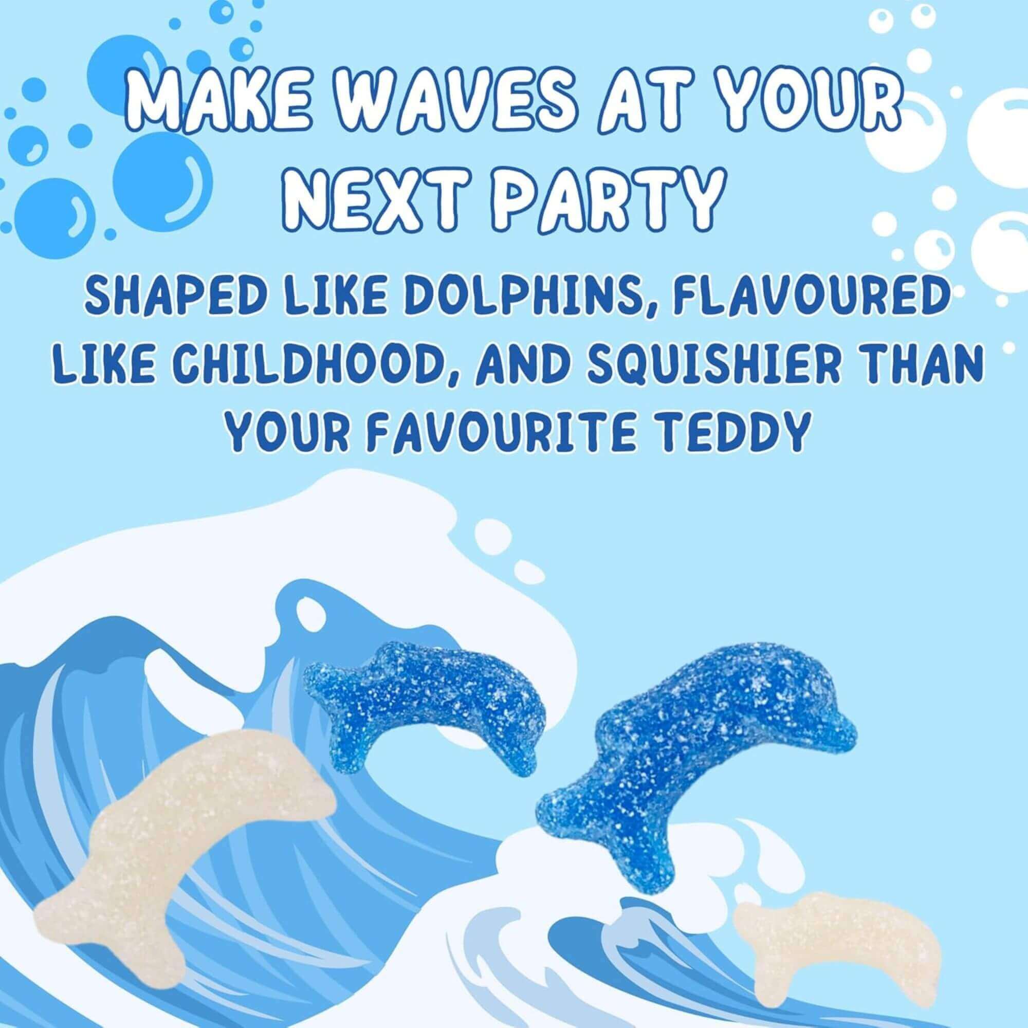Promotional text for dolphin-shaped treats with a blue background and wave design.