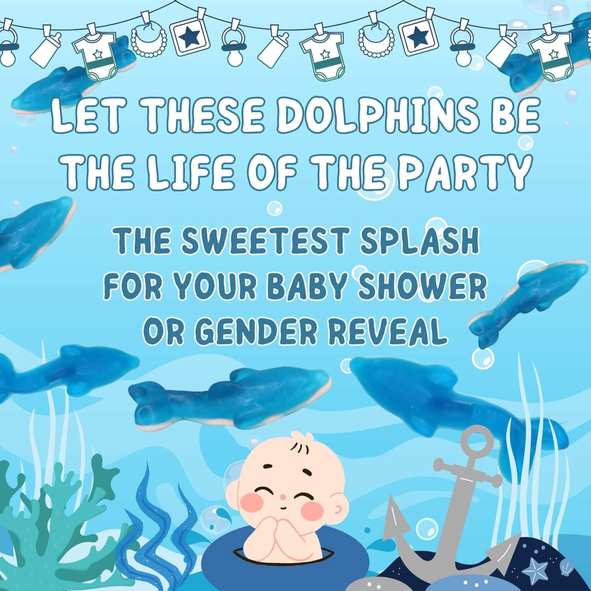 Baby shower or gender reveal invitation with dolphins and baby underwater, text overlay.