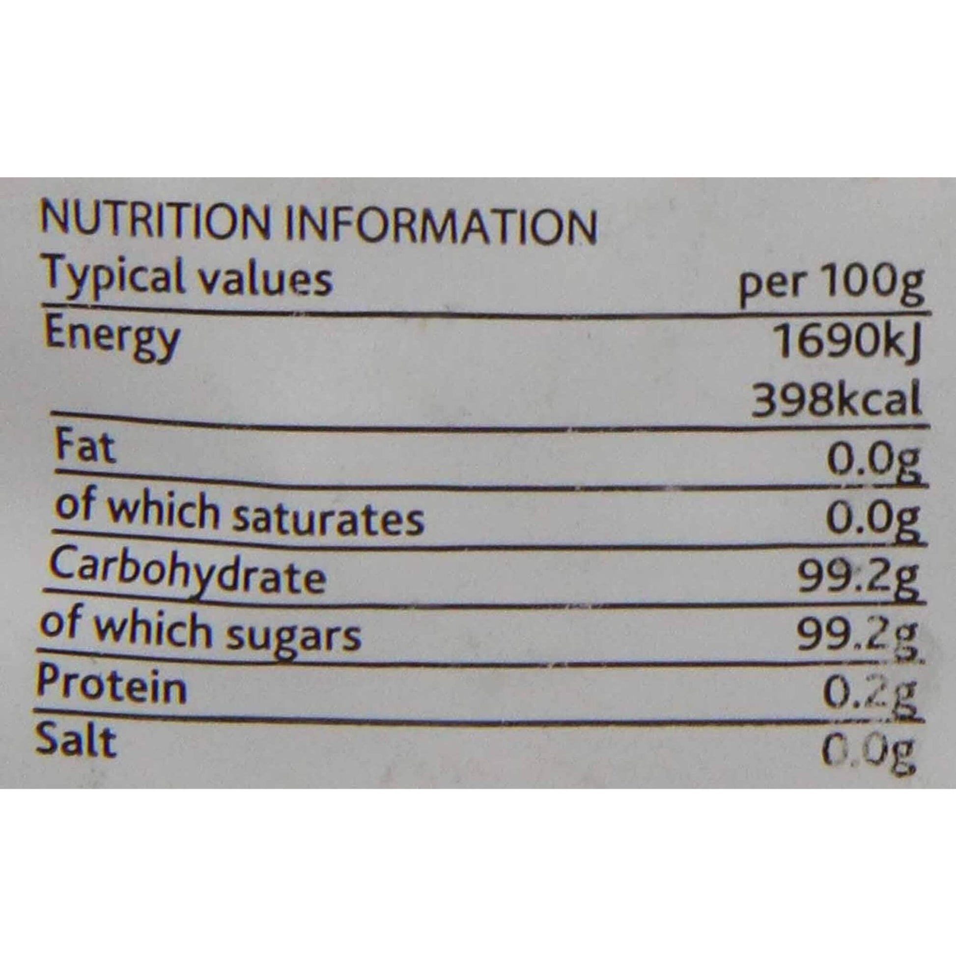 Nutrition information label for a product with energy, fat, carbohydrate, protein, and salt values.