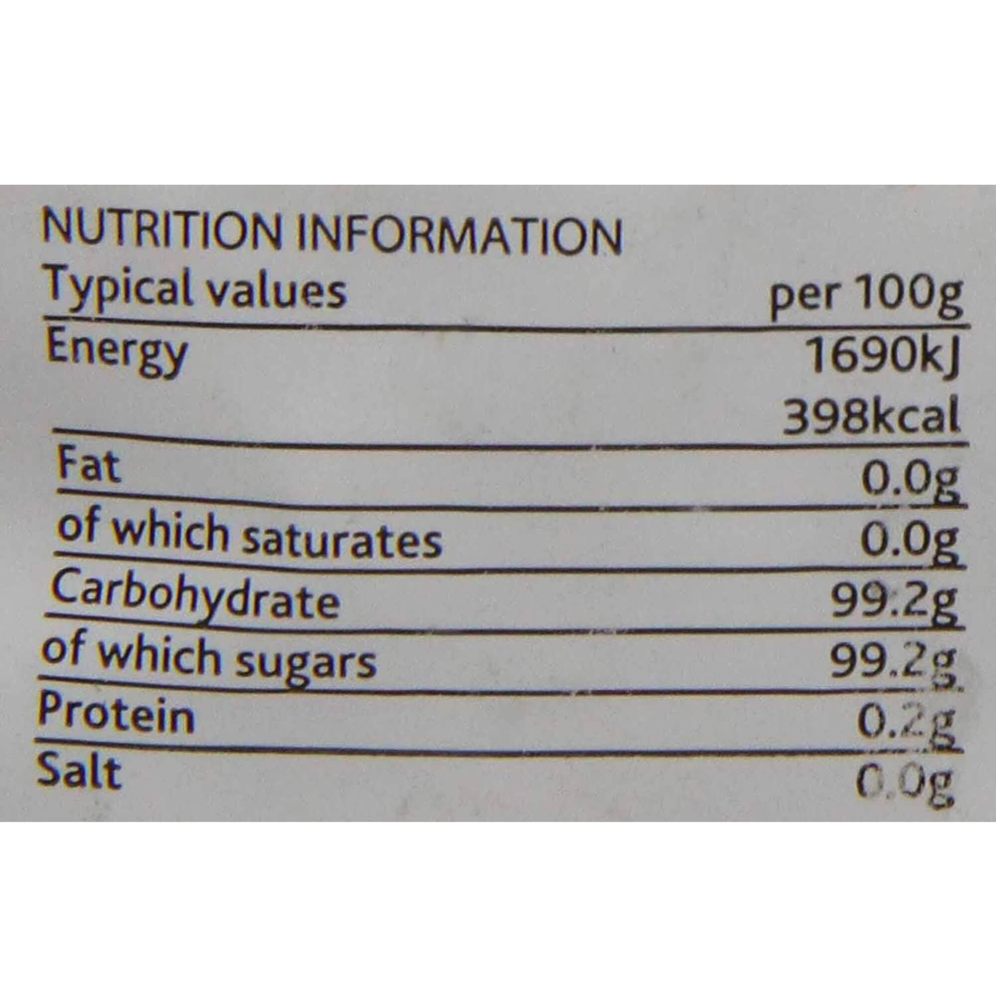 Nutrition information label for a product with energy, fat, carbohydrate, protein, and salt values.