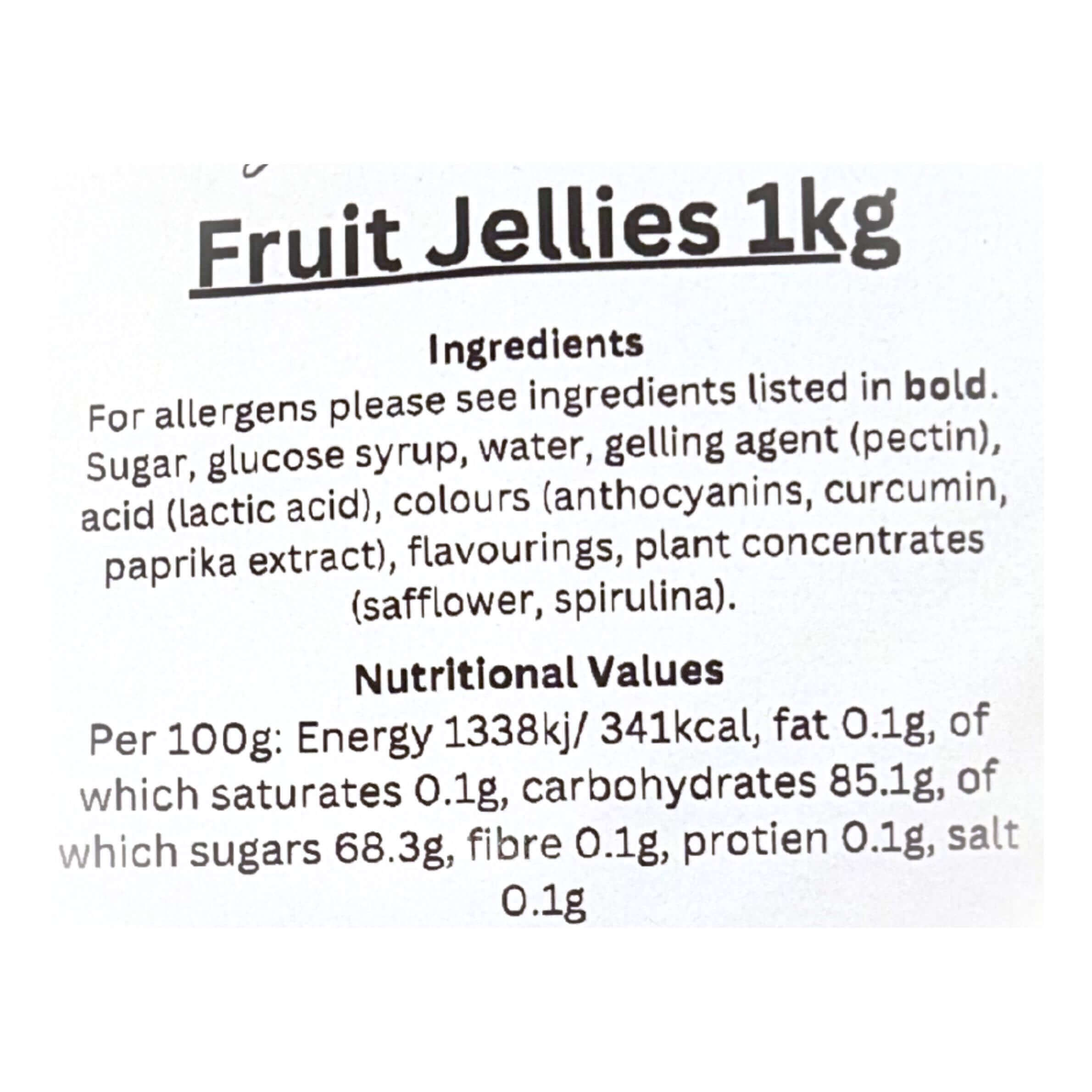 Fruit Jellies label with ingredients and nutritional values on a white background