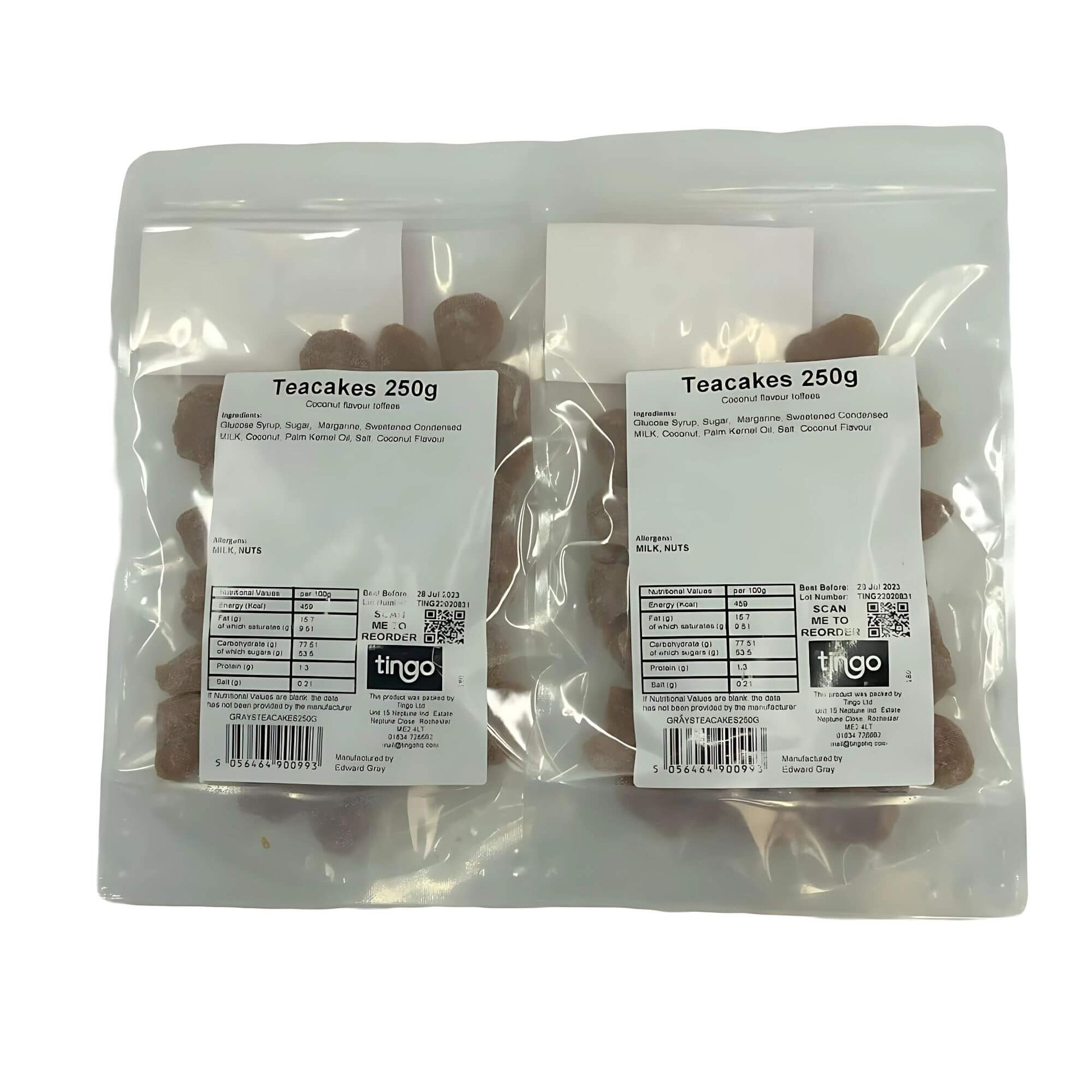 Two packages of teacakes with labels on a white background