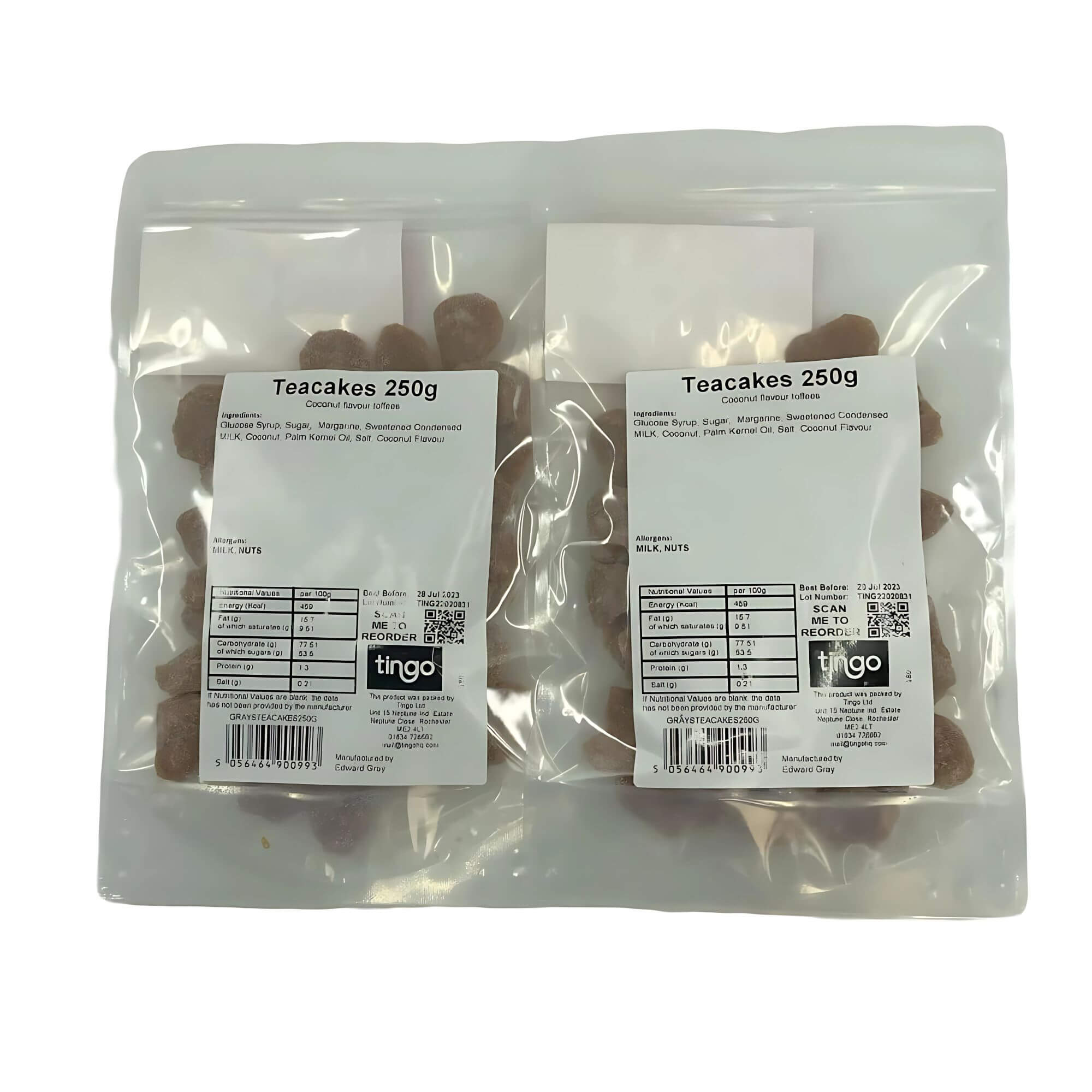 Two packages of teacakes with labels on a white background