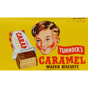 Tunnock's Caramel Wafer Biscuits packaging with a boy's face on a yellow background