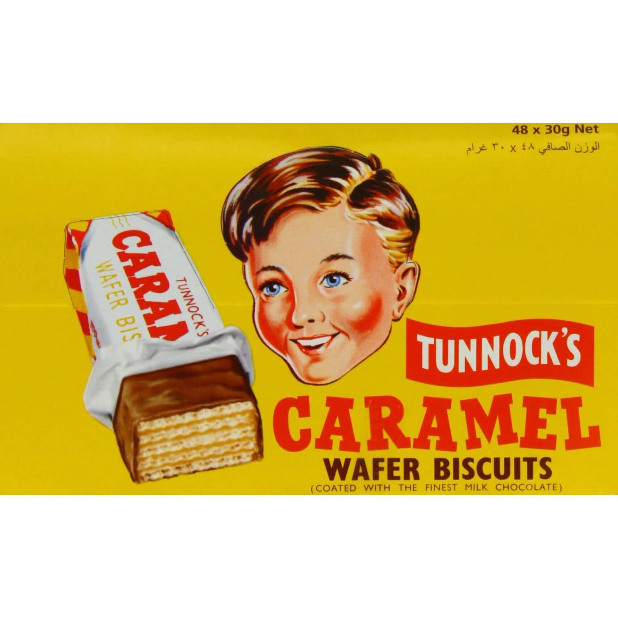 Tunnock's Caramel Wafer Biscuits packaging with a boy's face on a yellow background