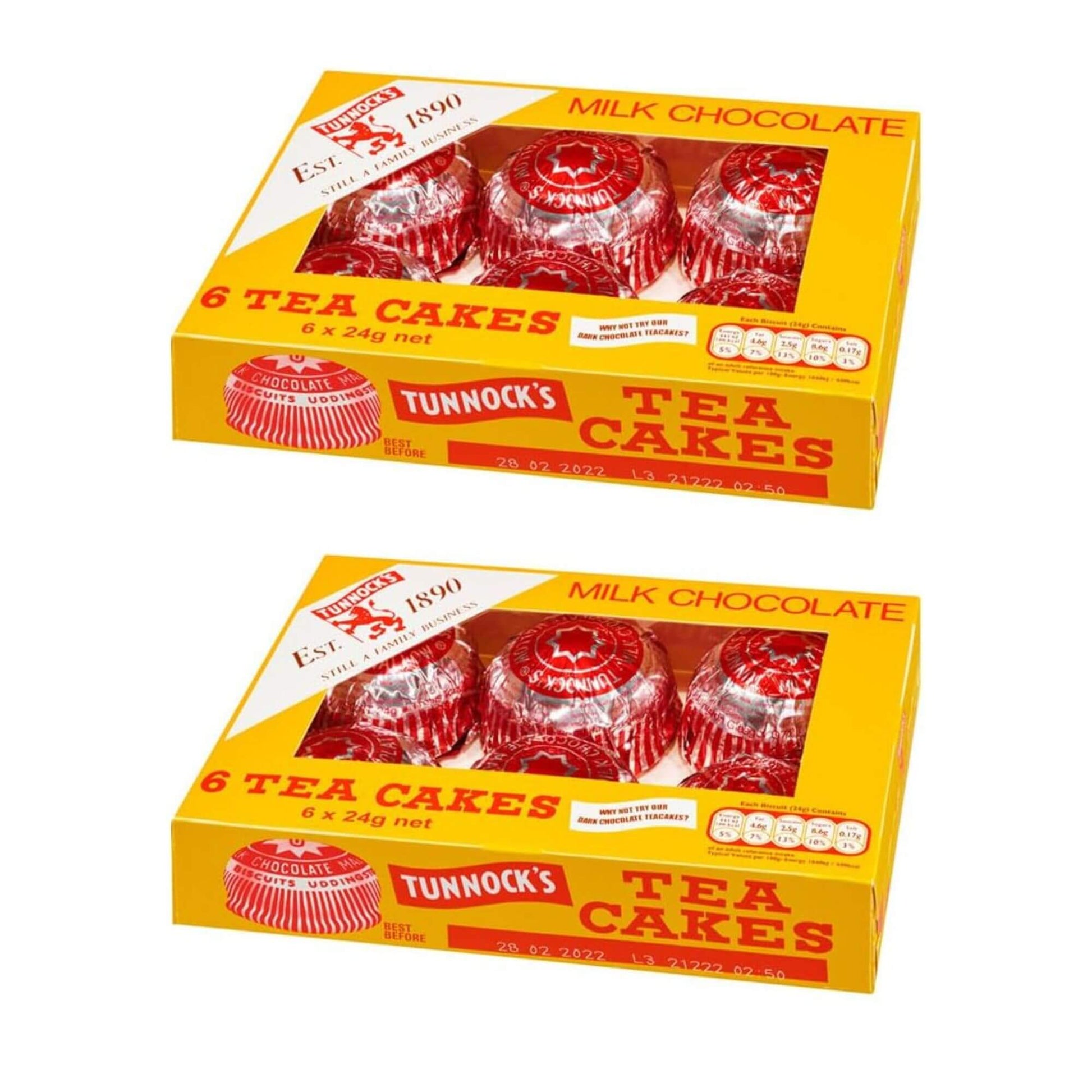 Two boxes of Tunnock's Tea Cakes with yellow packaging and red illustrations on a white background.