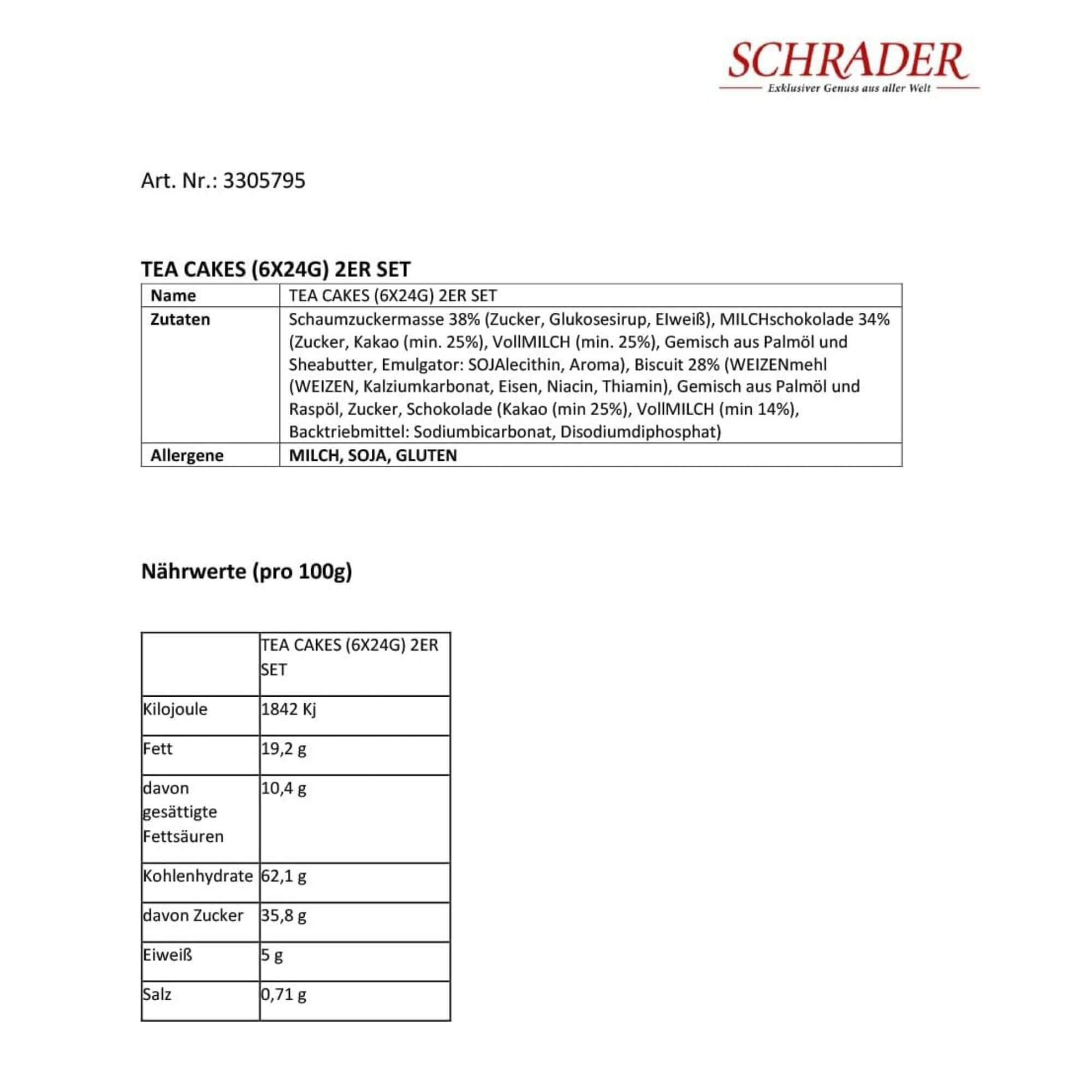 Schrader product label with ingredients, nutritional information, and branding.