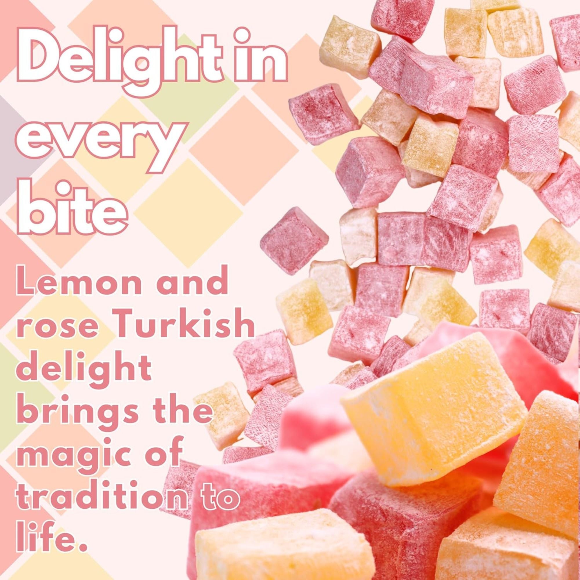Rose & Lemon Turkish Delight – 500g Bag of Vegan Halal Sweets