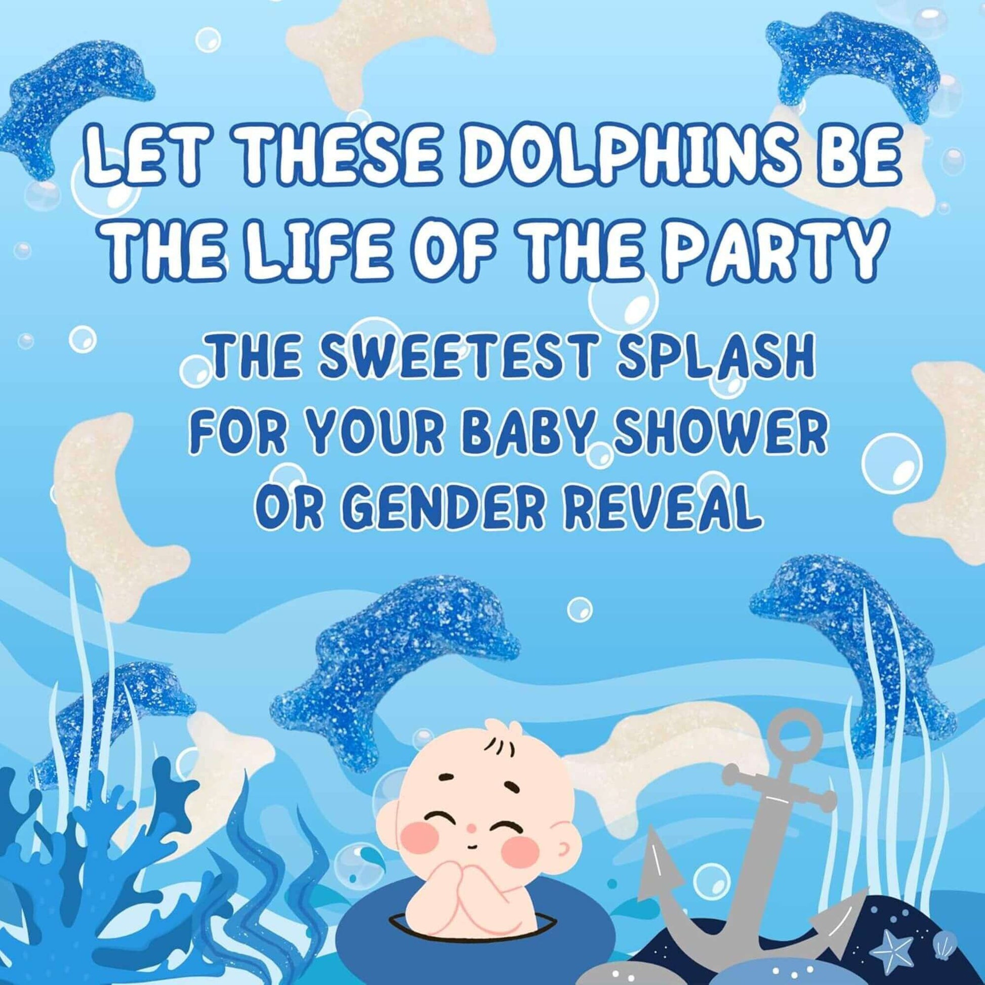 Baby in a bathtub with dolphins and text about a baby shower or gender reveal party.