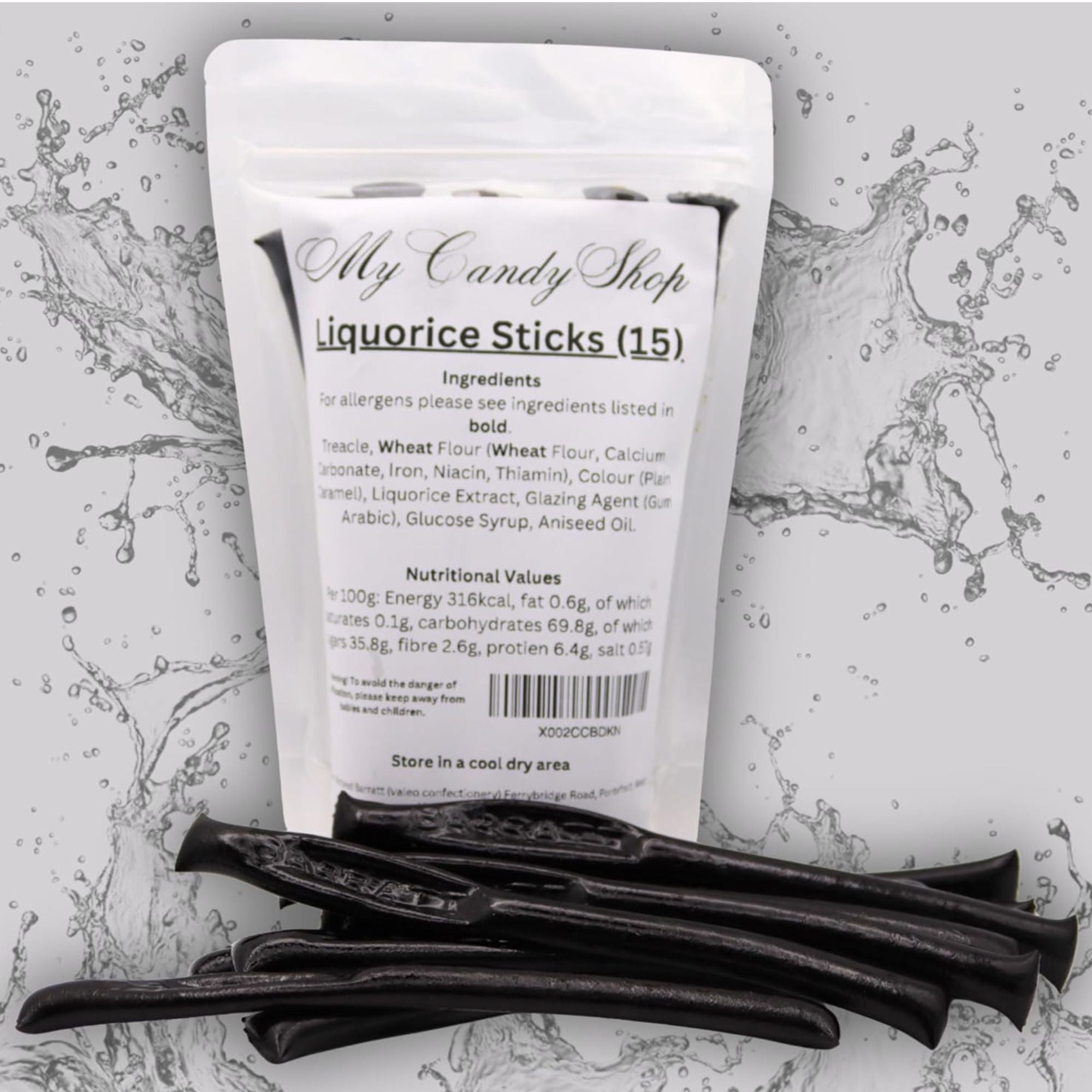 Pack of My Candy Shop Liquorice Sticks with two sticks on a gray background
