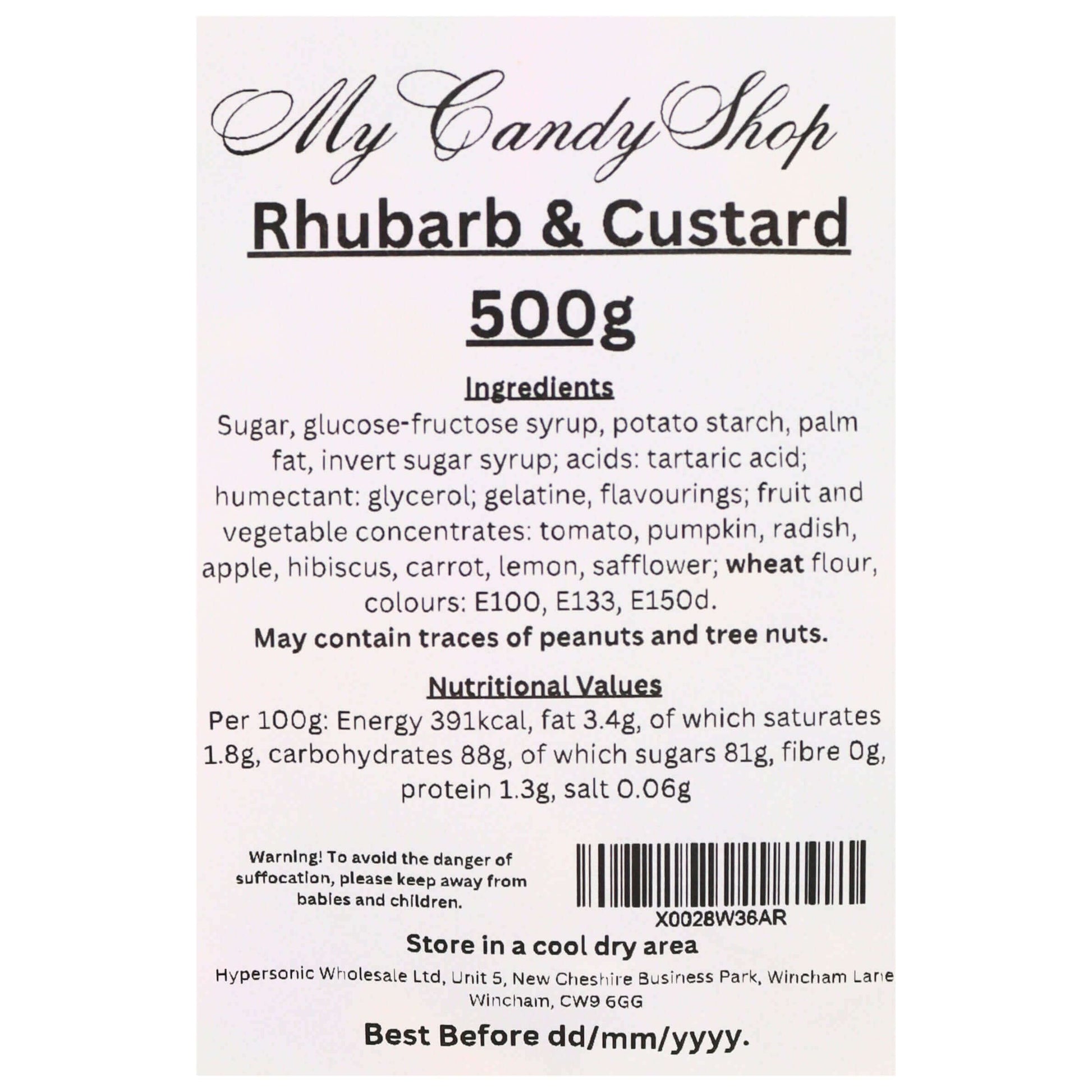 Label for 'My Candy Shop Rhubarb & Custard' candy package with ingredients and nutritional information.