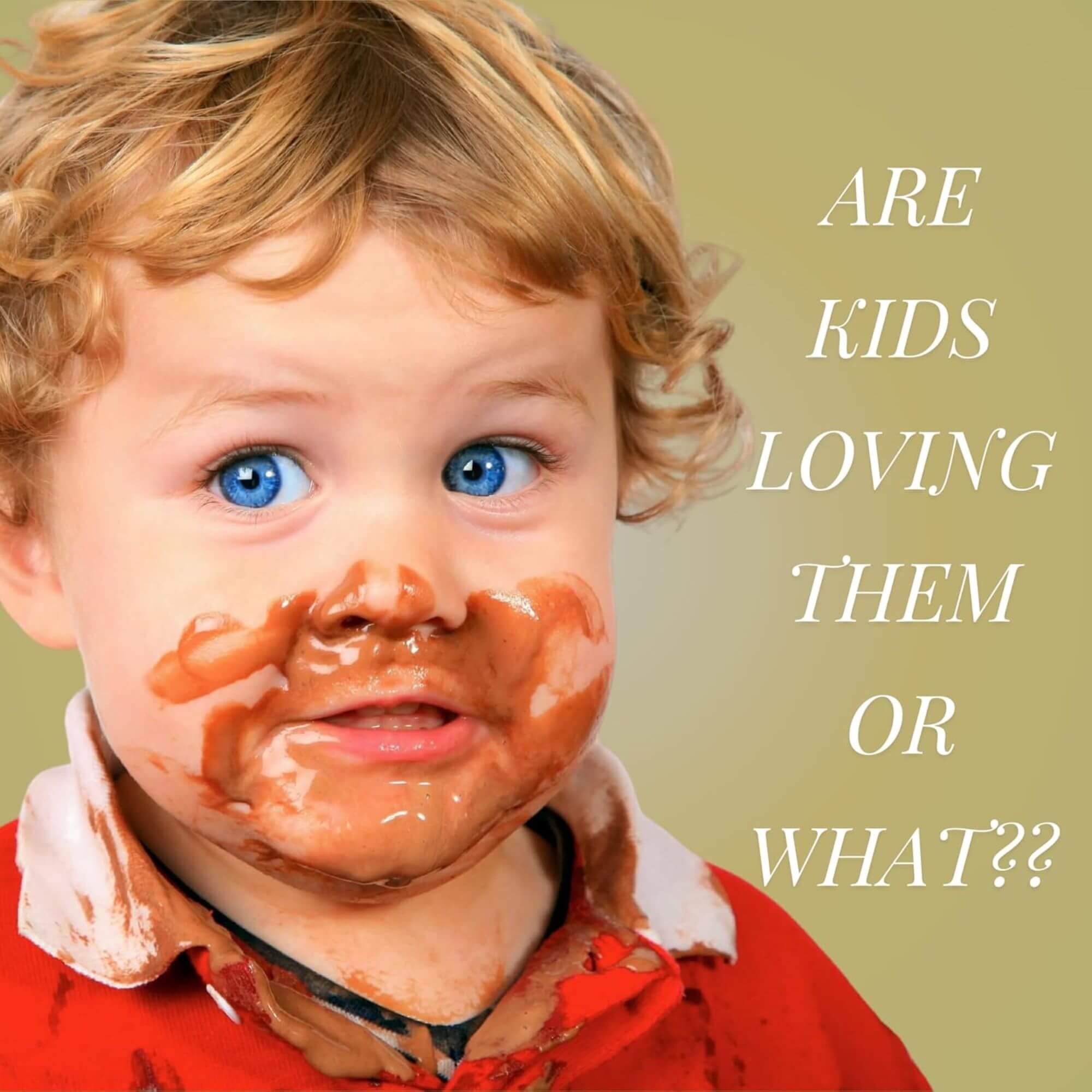 Child with chocolate on face against a beige background with text