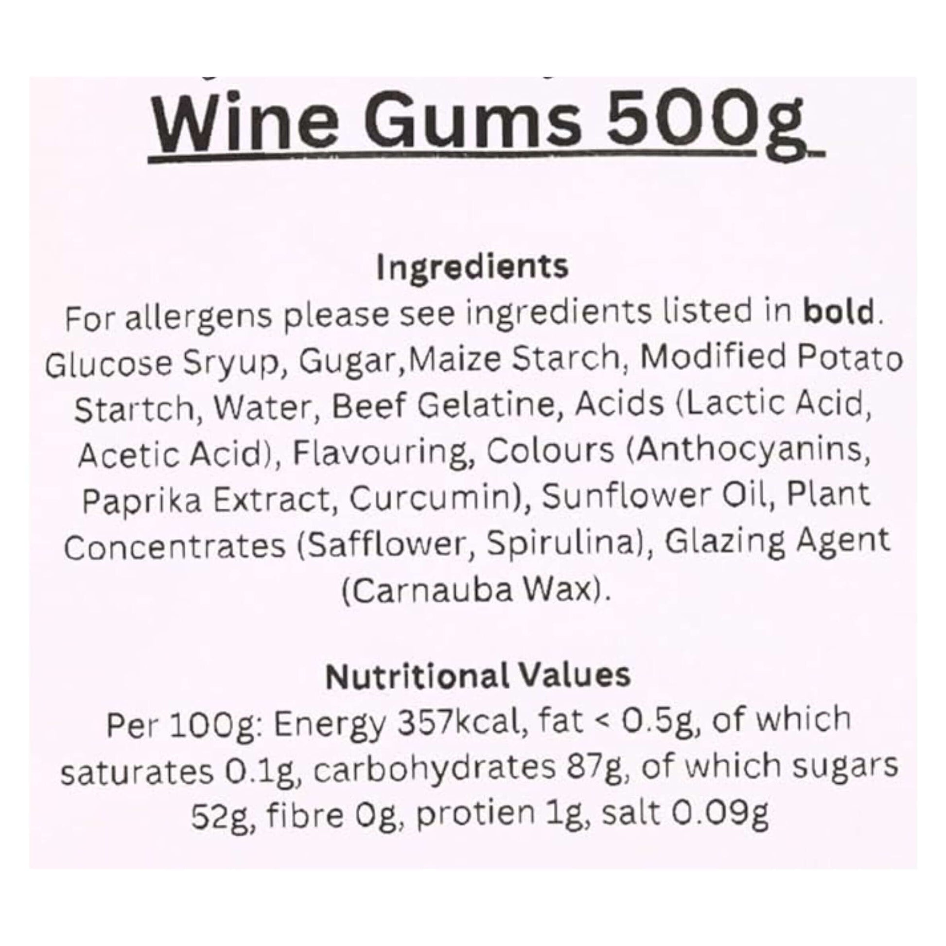 Wine Gums 500g packaging with ingredients and nutritional information on a white background.
