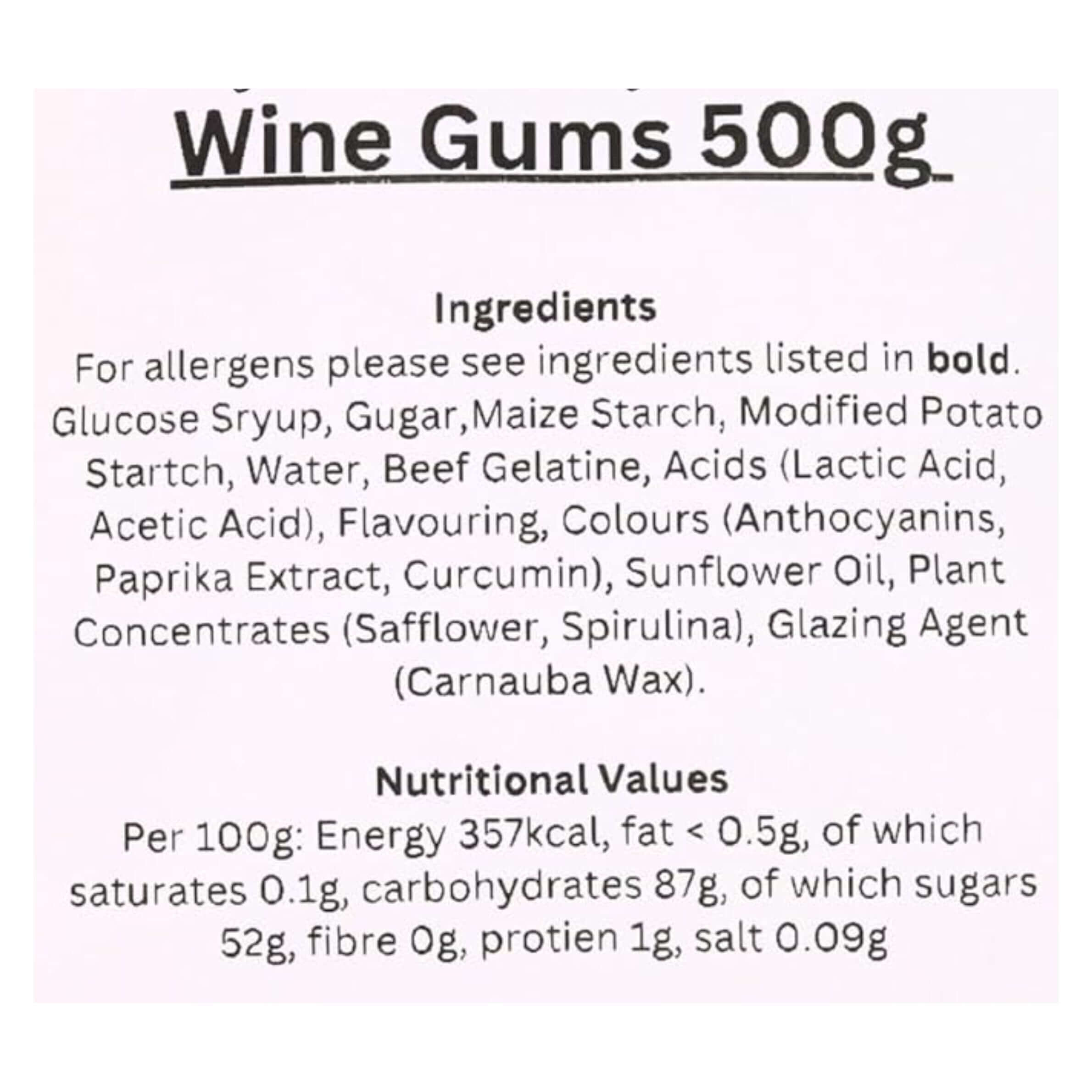 Wine Gums 500g packaging with ingredients and nutritional information on a white background.