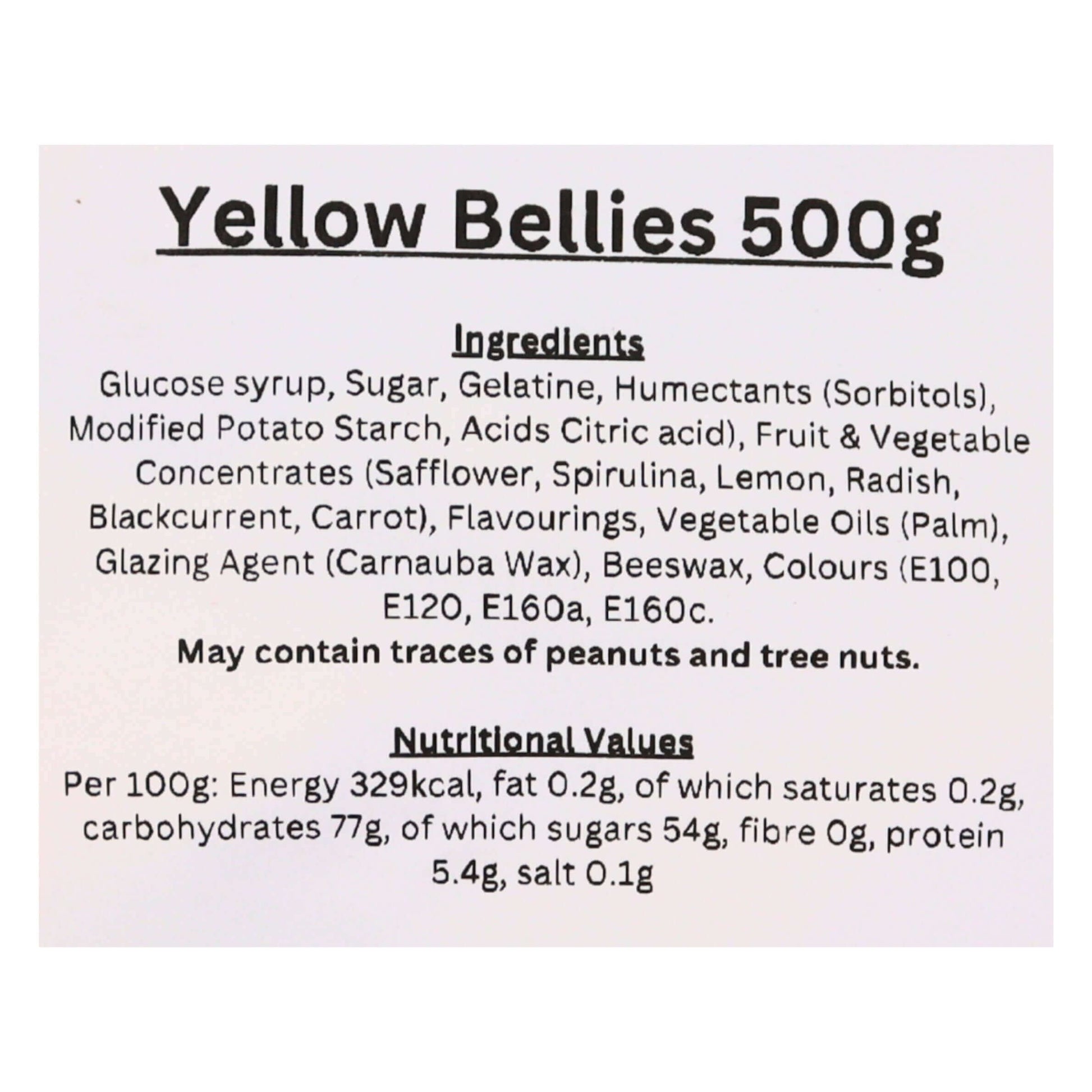 Ingredients and nutritional information label for Yellow Bellies 500g product.